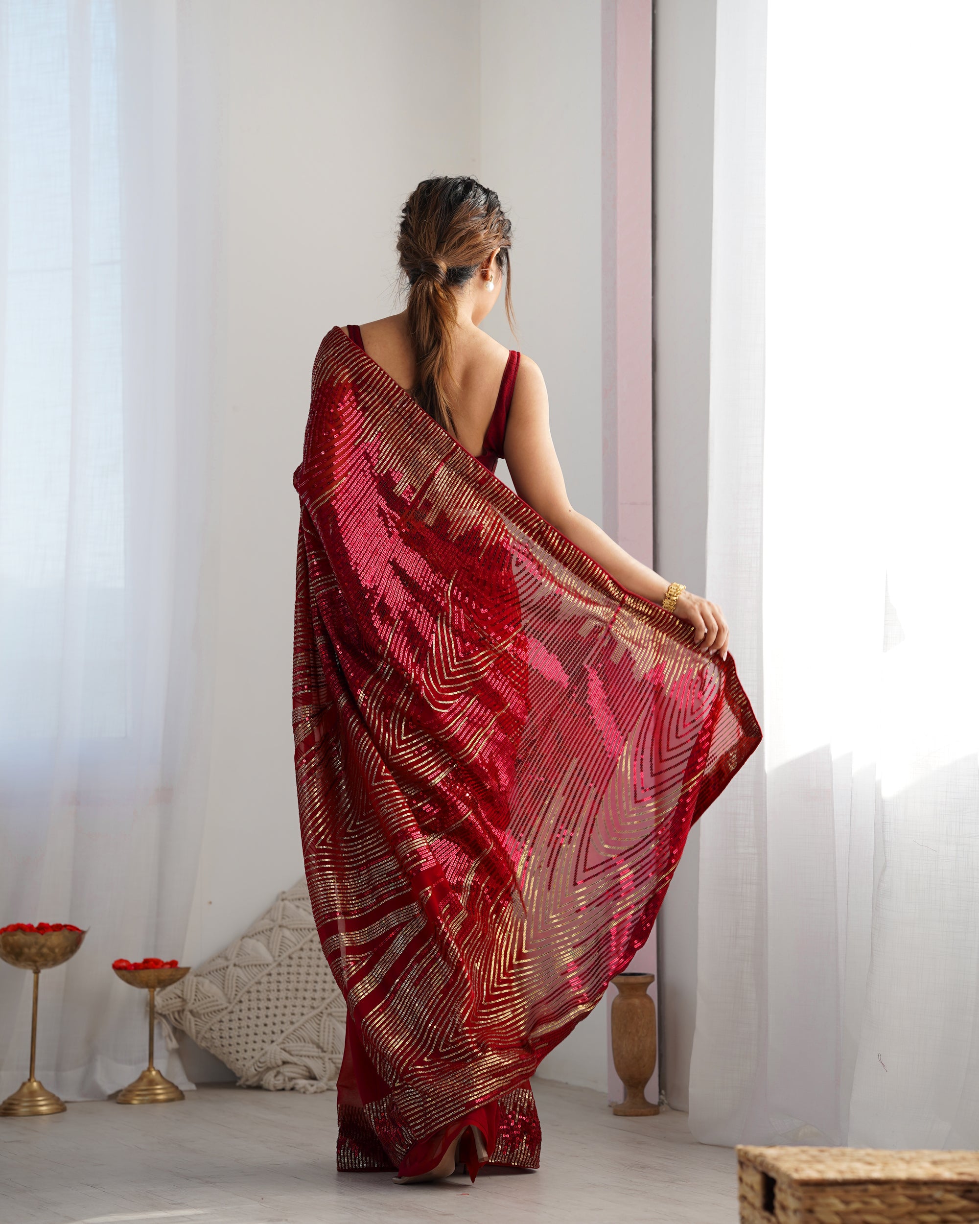 Royal Maroon Georgette Saree | Diamond Silk Blouse with Sequance Embroidery Couture