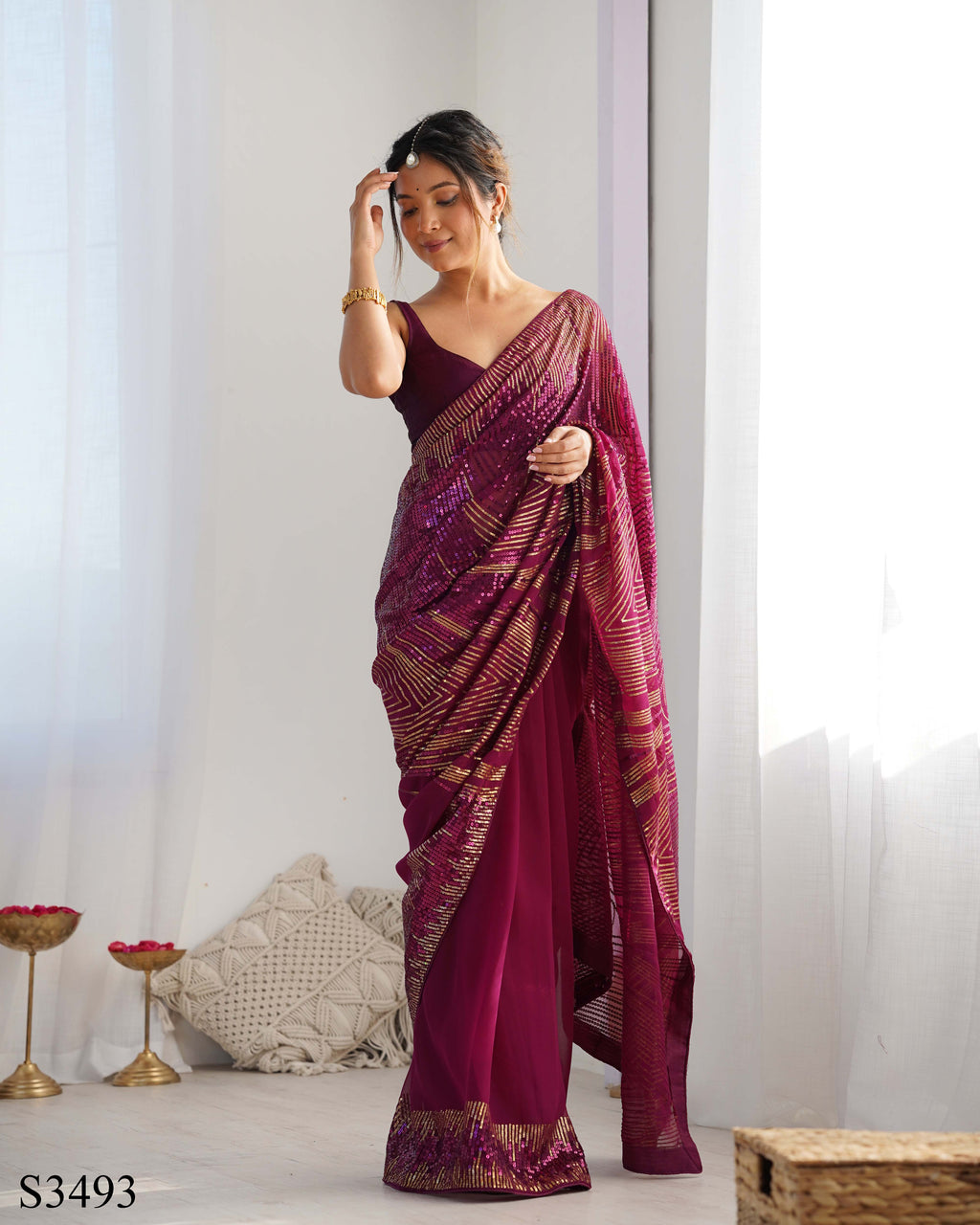 Elegant Wine Georgette Saree | Diamond Silk Blouse with Sequance Embroidery Couture