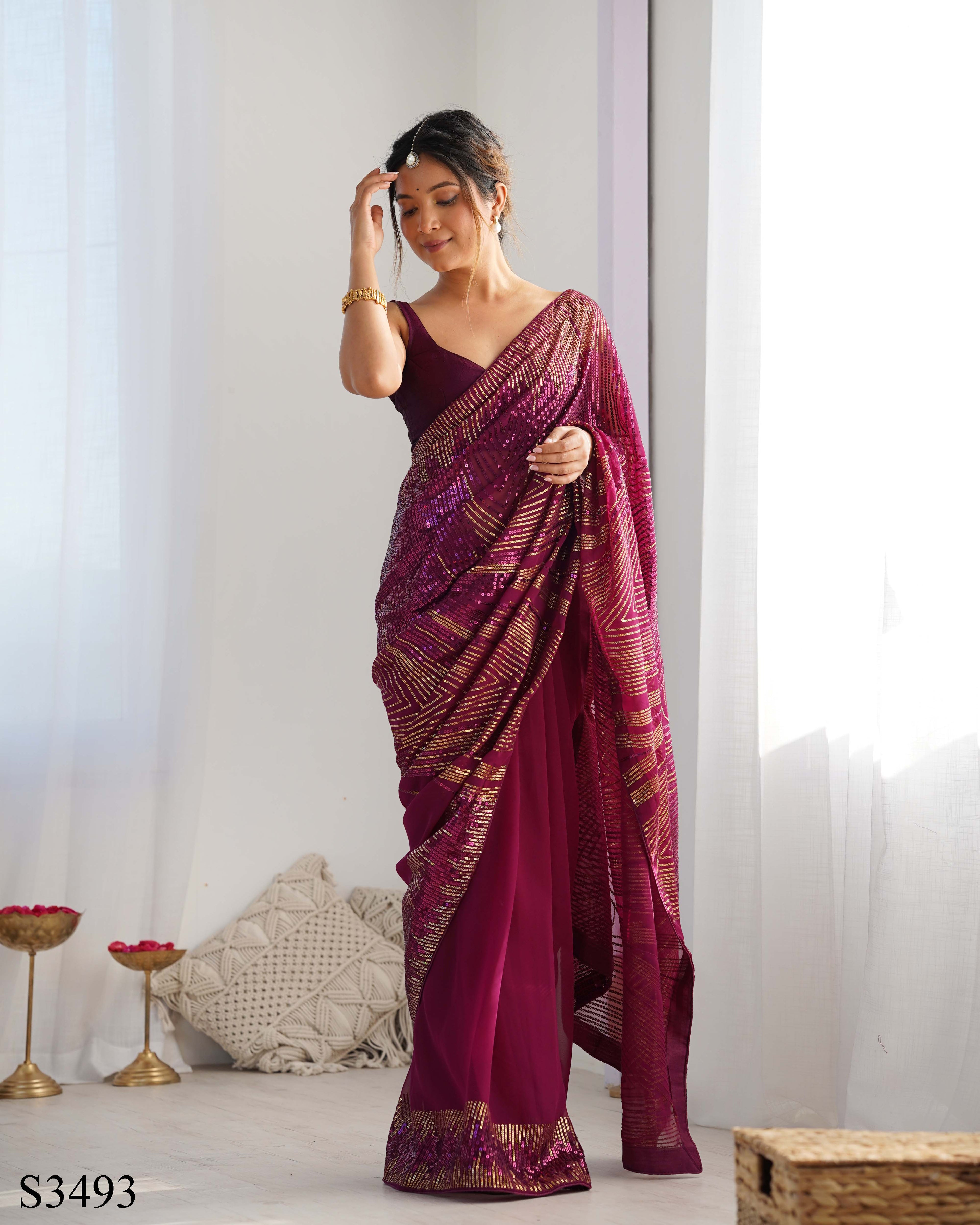 Elegant Wine Georgette Saree | Diamond Silk Blouse with Sequance Embroidery Couture