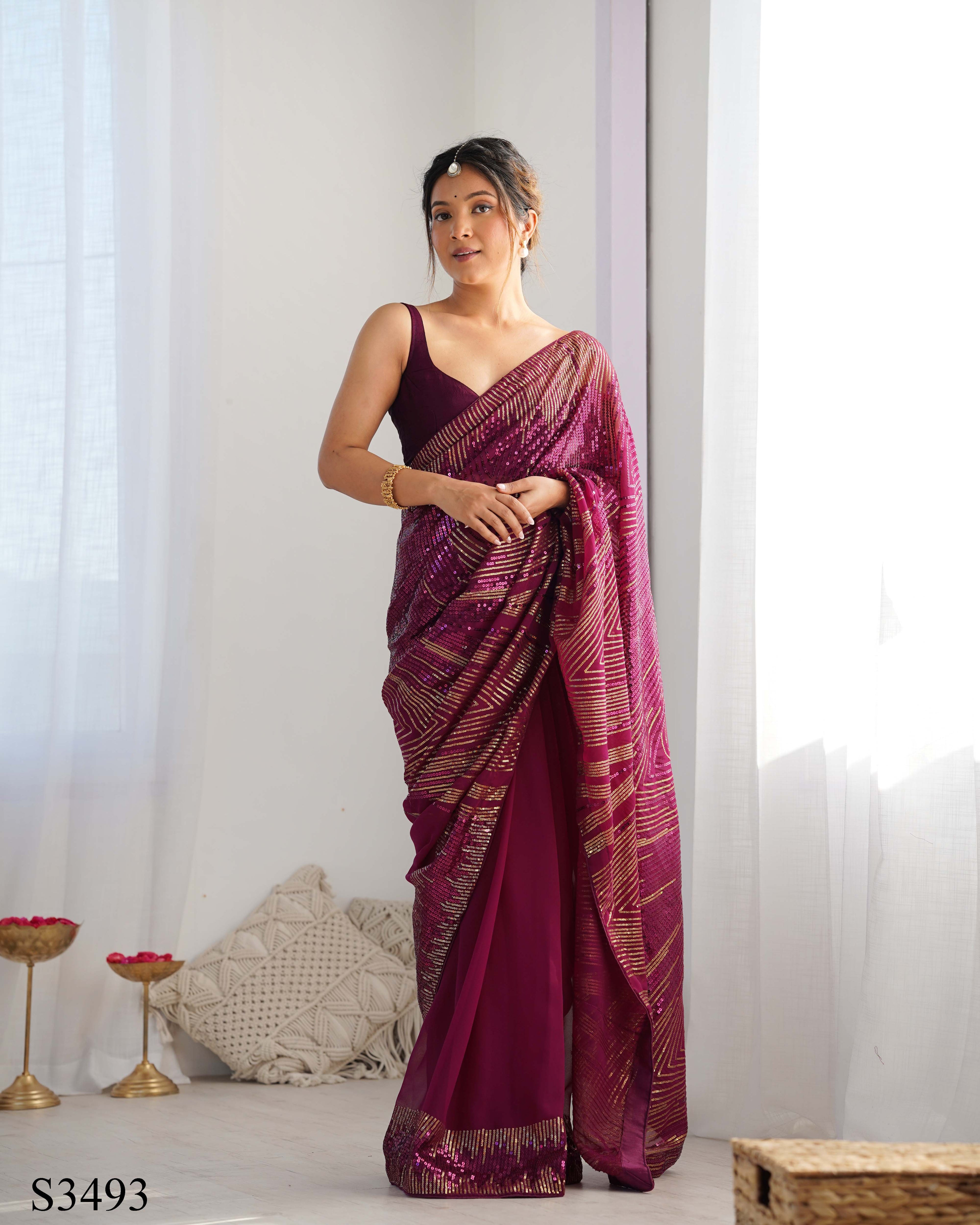 Elegant Wine Georgette Saree | Diamond Silk Blouse with Sequance Embroidery Couture