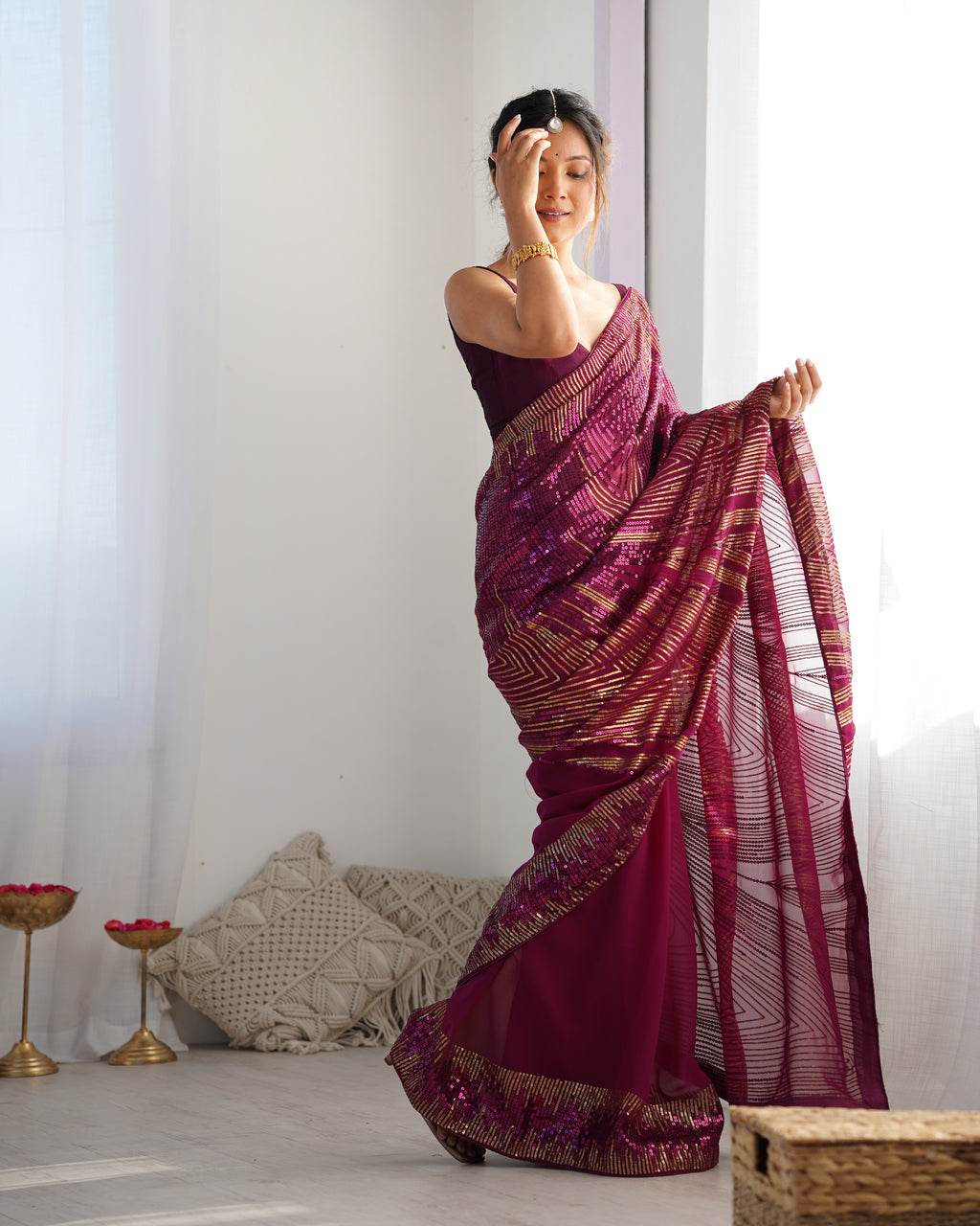 Elegant Wine Georgette Saree | Diamond Silk Blouse with Sequance Embroidery Couture