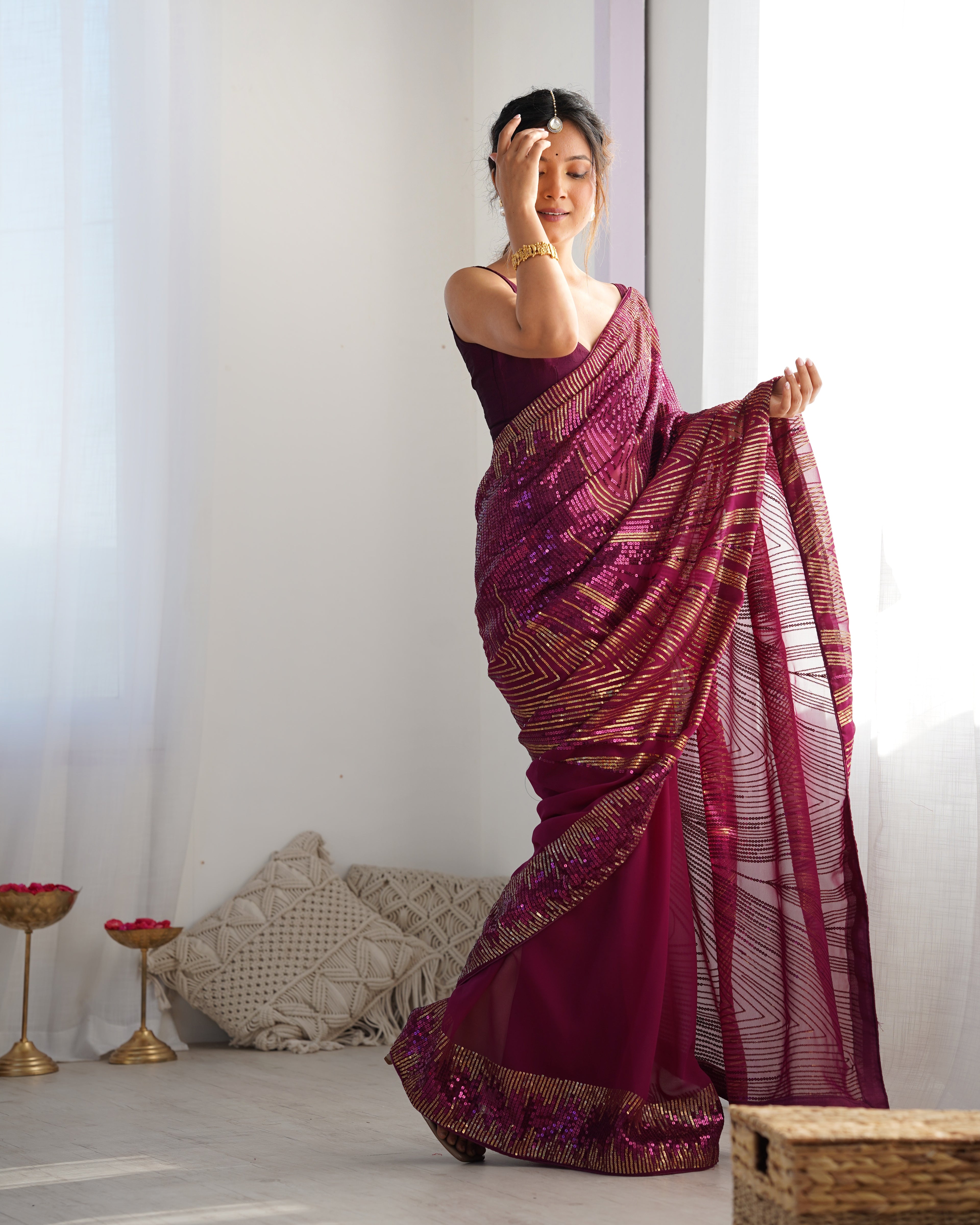 Elegant Wine Georgette Saree | Diamond Silk Blouse with Sequance Embroidery Couture