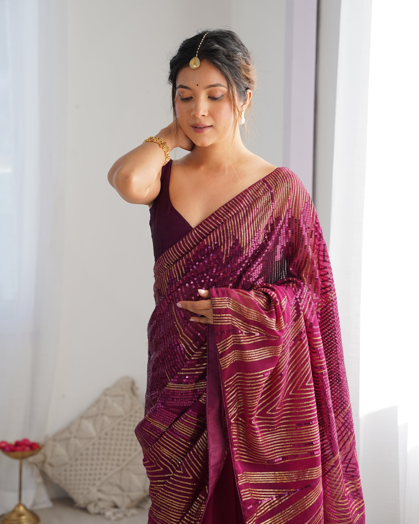 Elegant Wine Georgette Saree | Diamond Silk Blouse with Sequance Embroidery Couture