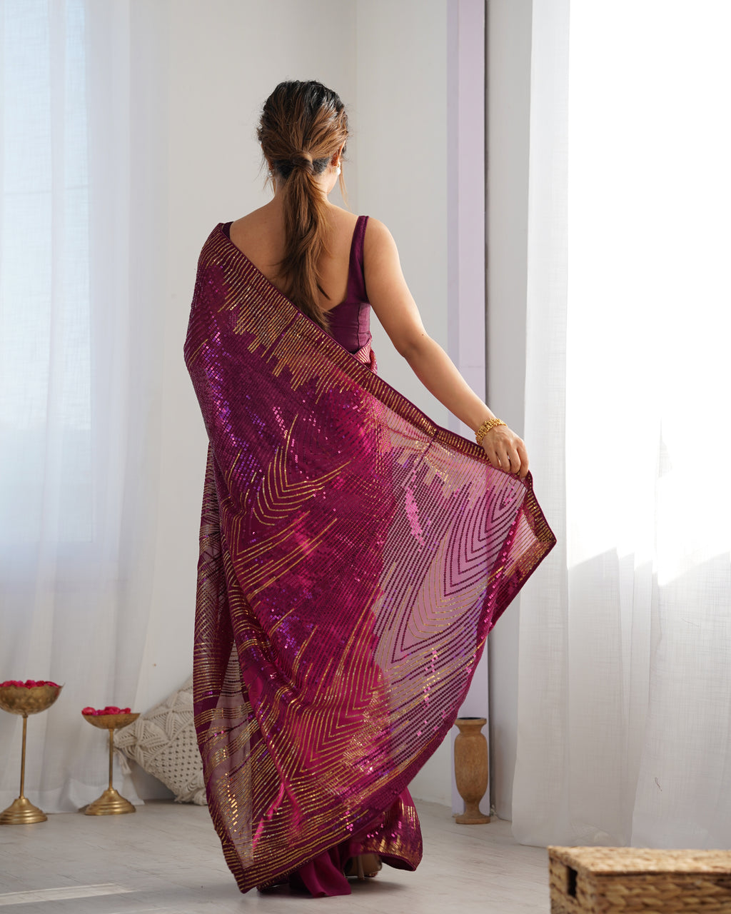 Elegant Wine Georgette Saree | Diamond Silk Blouse with Sequance Embroidery Couture
