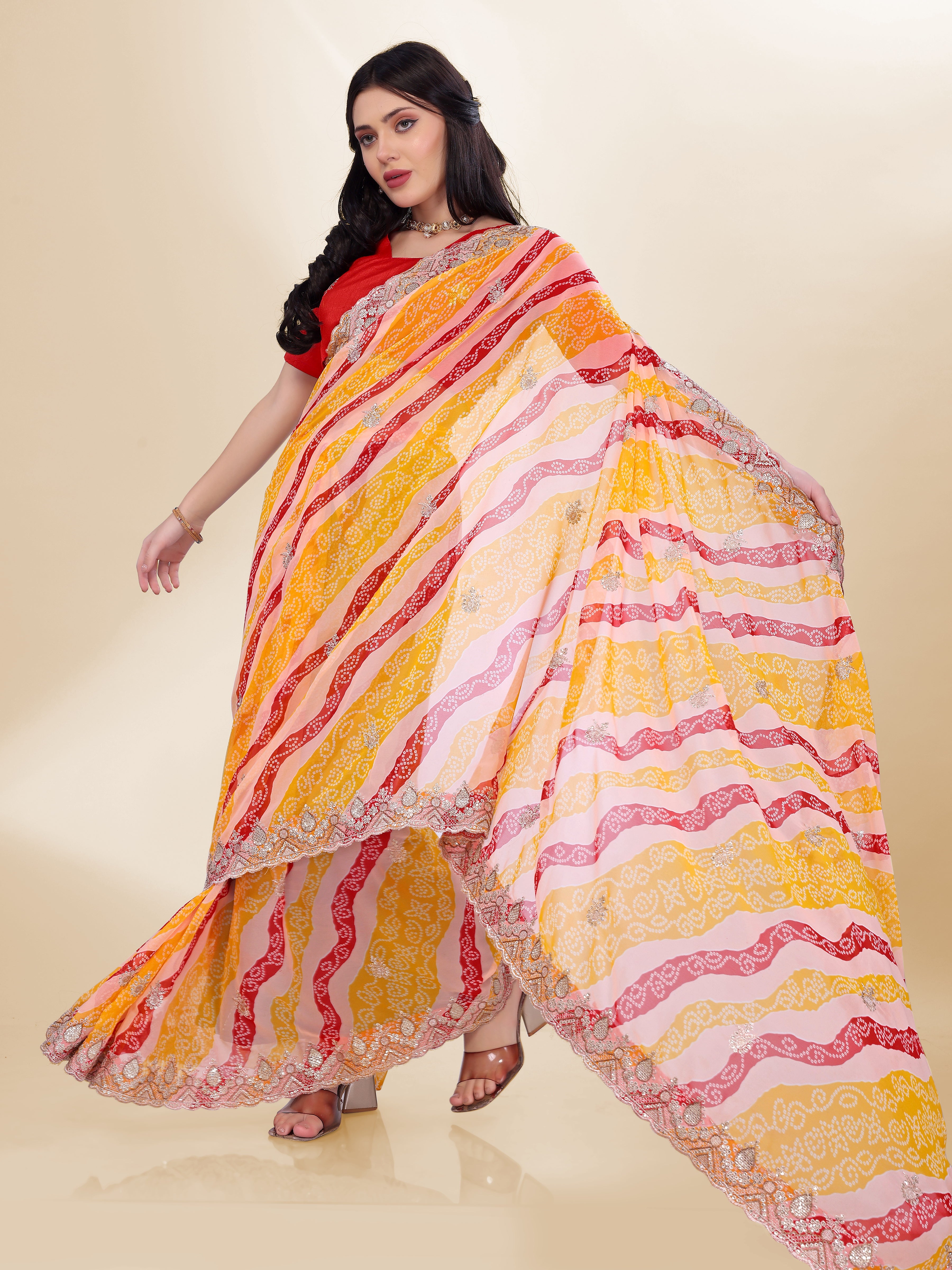 Sunshine Yellow Georgette Saree | Bandhani Printed Embroidered Art Silk Blouse Couture
