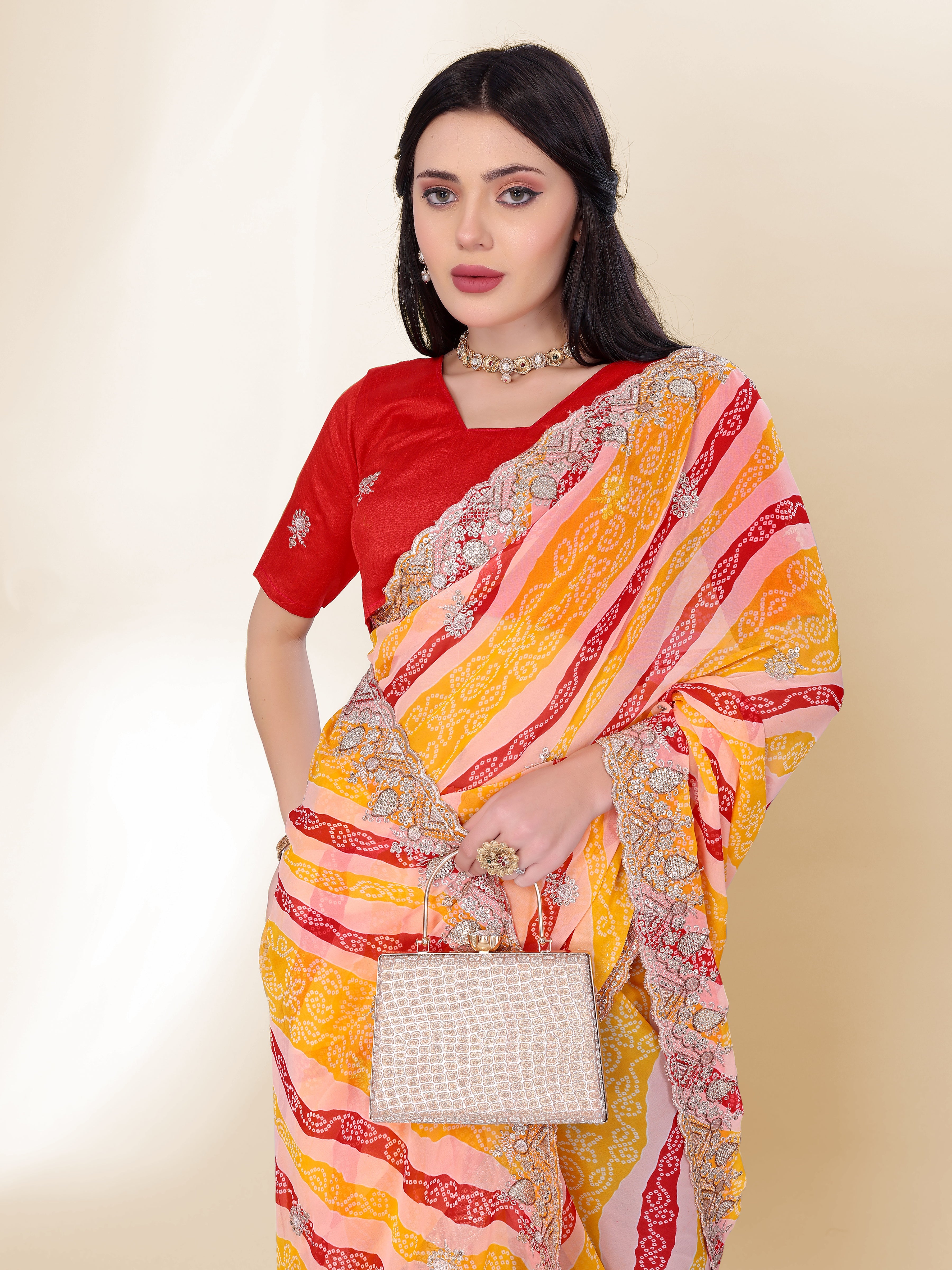 Sunshine Yellow Georgette Saree | Bandhani Printed Embroidered Art Silk Blouse Couture