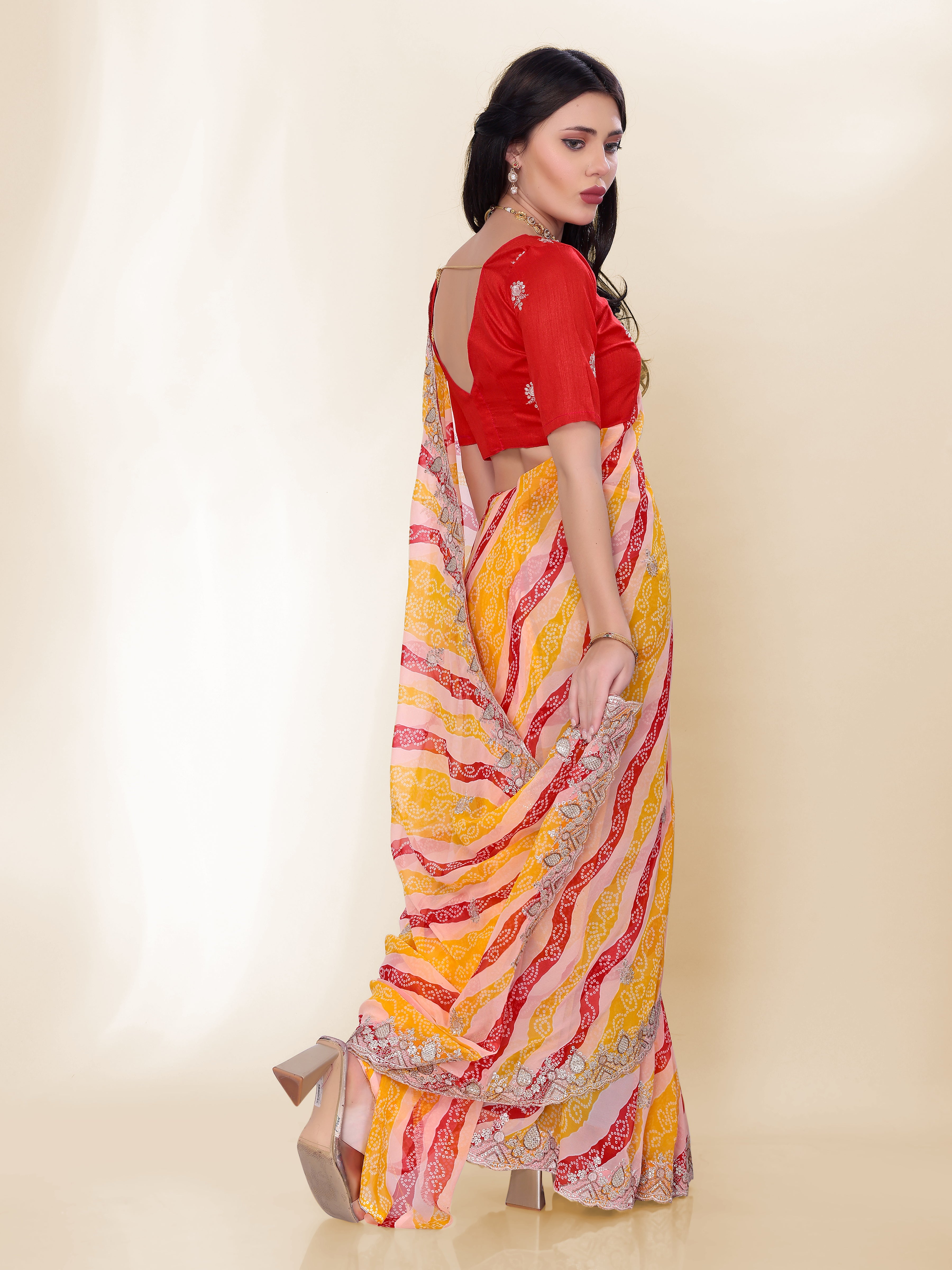Sunshine Yellow Georgette Saree | Bandhani Printed Embroidered Art Silk Blouse Couture