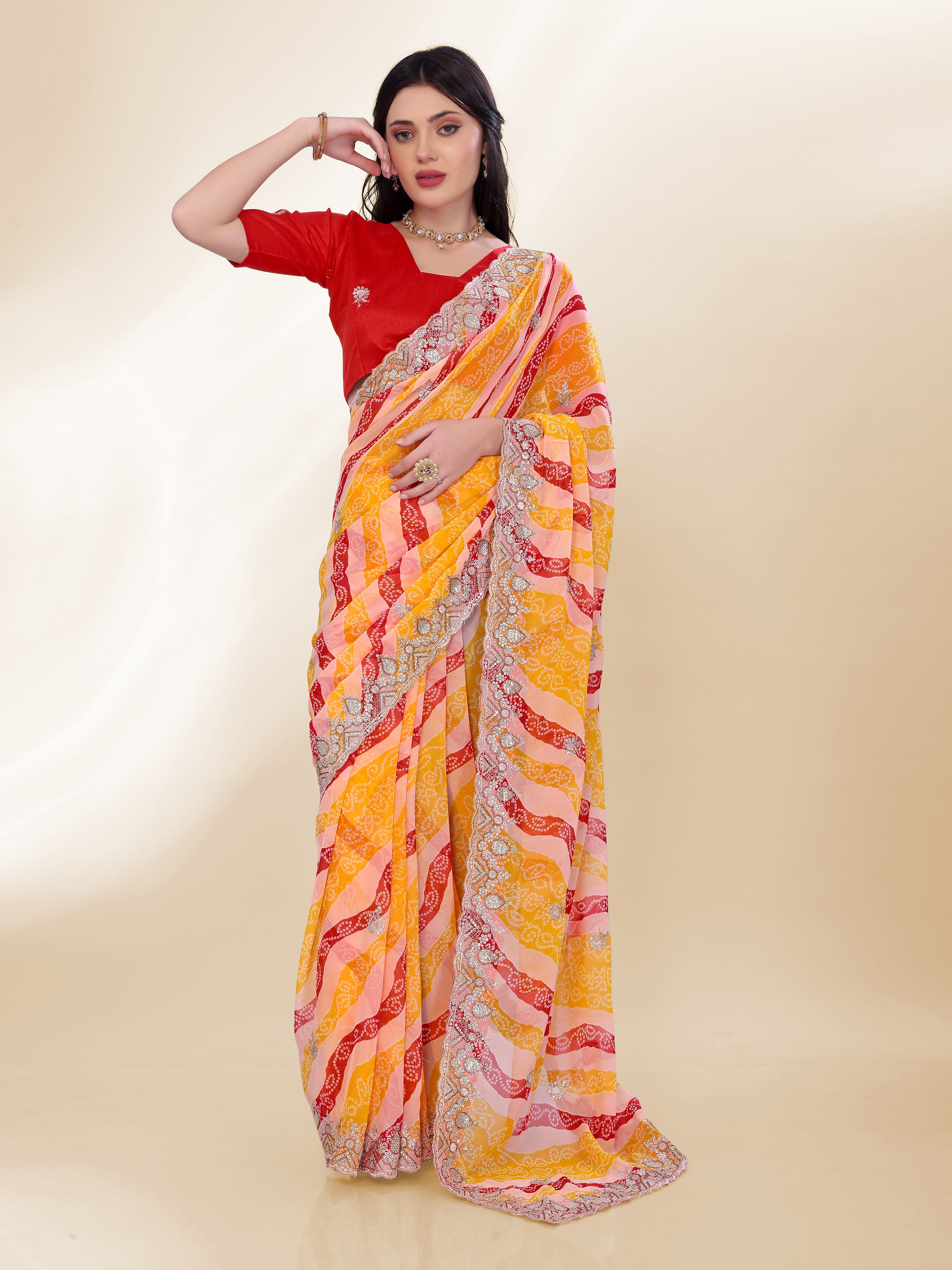Sunshine Yellow Georgette Saree | Bandhani Printed Embroidered Art Silk Blouse Couture