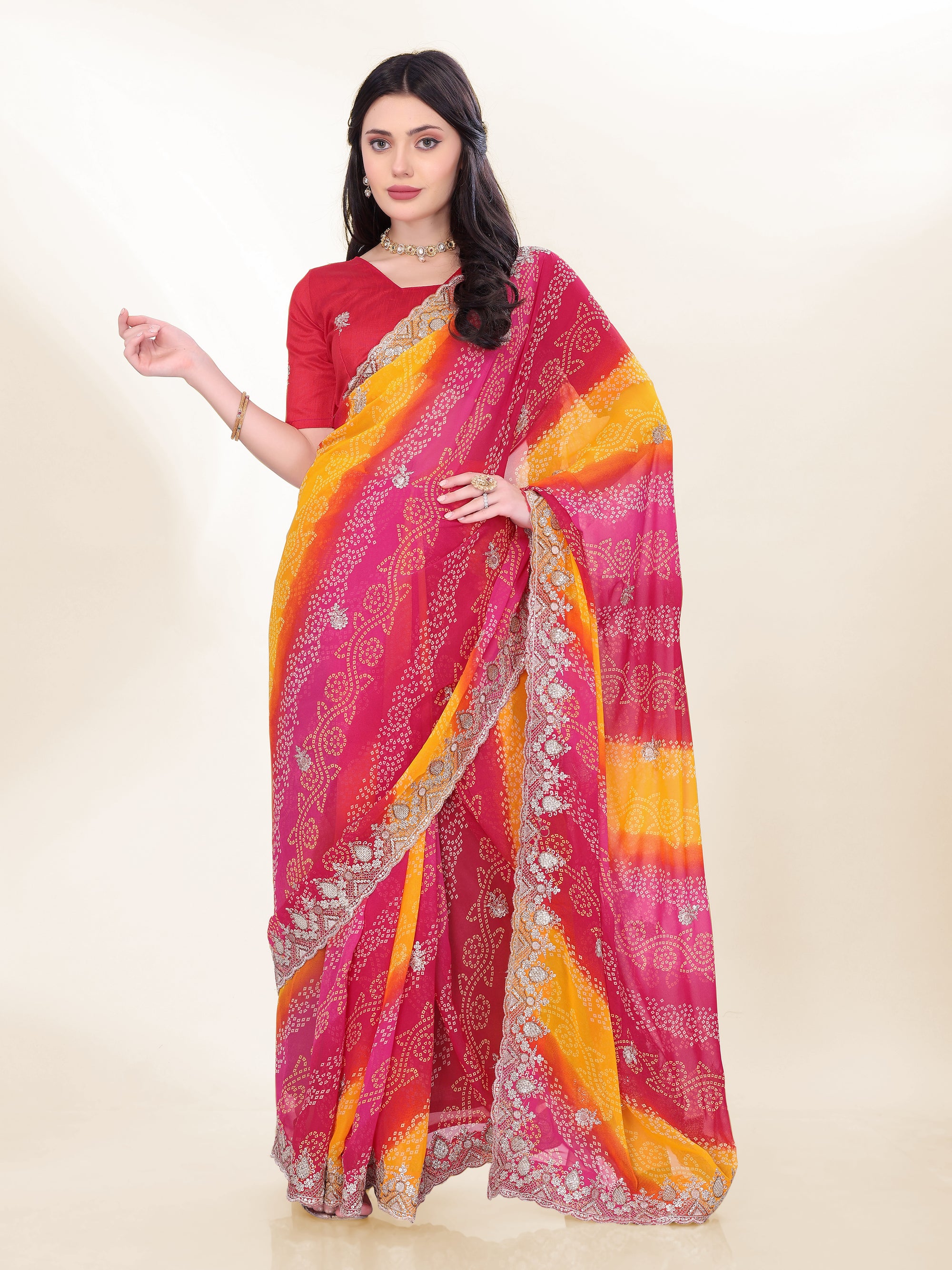 Blush Pink Georgette Saree | Bandhani Printed Embroidered Art Silk Blouse Couture