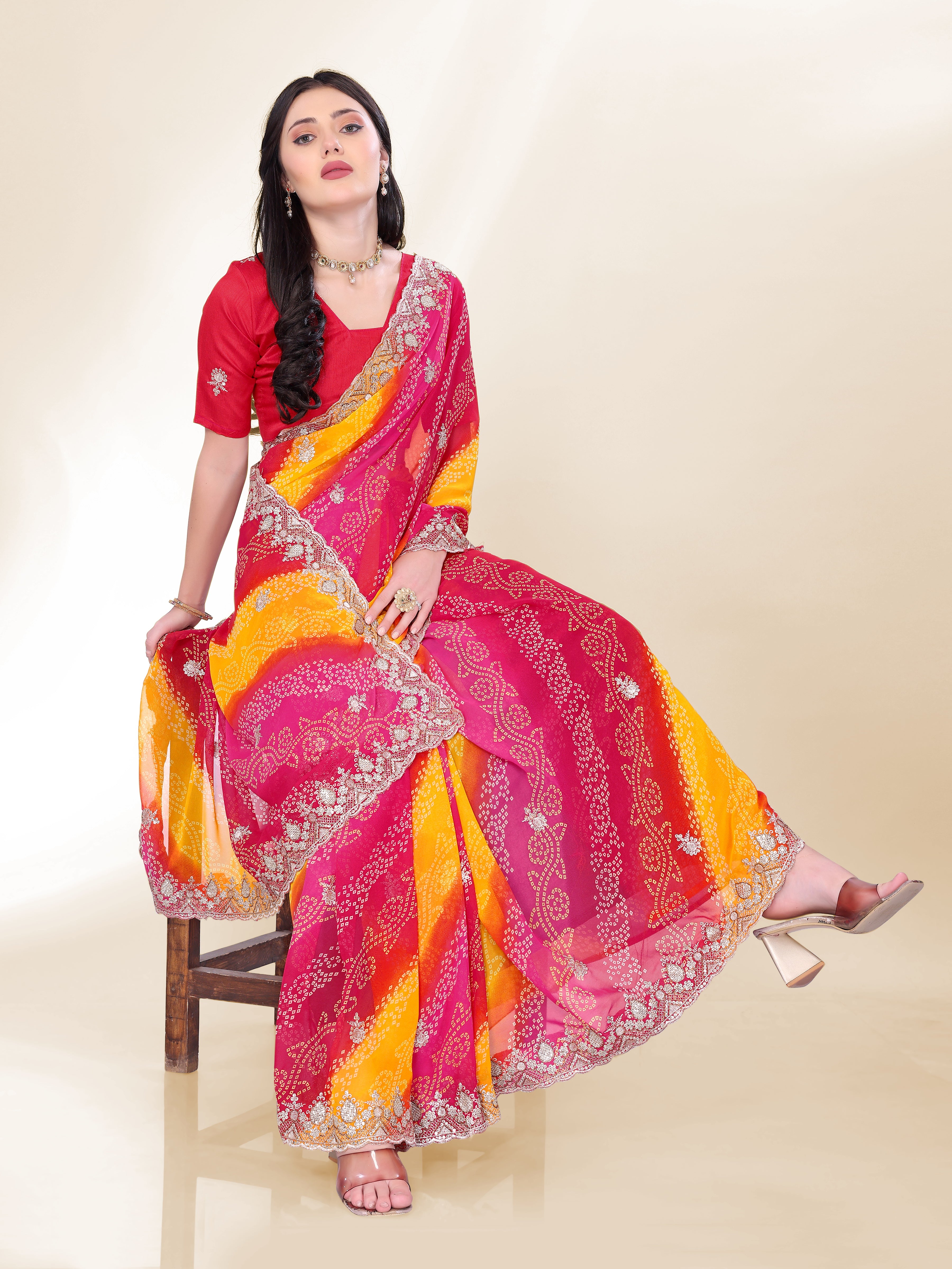 Blush Pink Georgette Saree | Bandhani Printed Embroidered Art Silk Blouse Couture