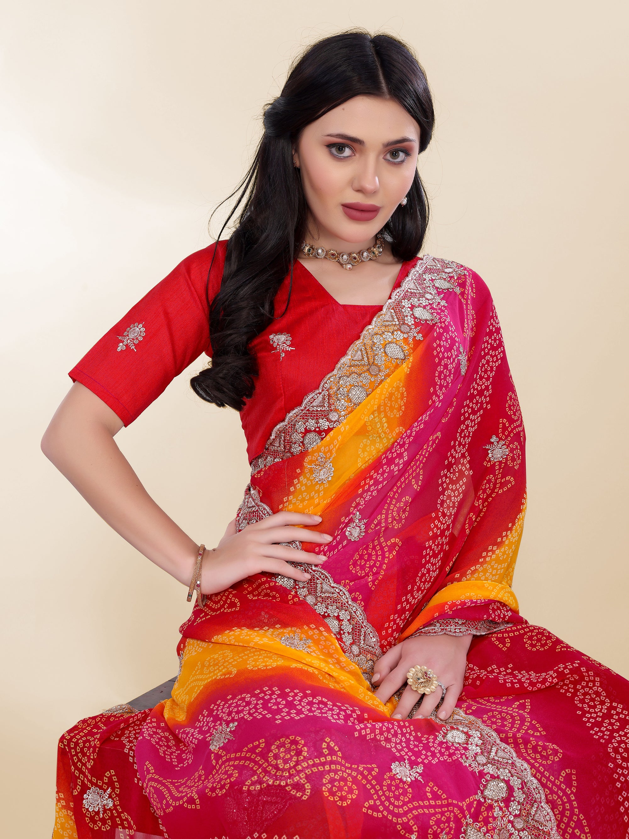 Blush Pink Georgette Saree | Bandhani Printed Embroidered Art Silk Blouse Couture