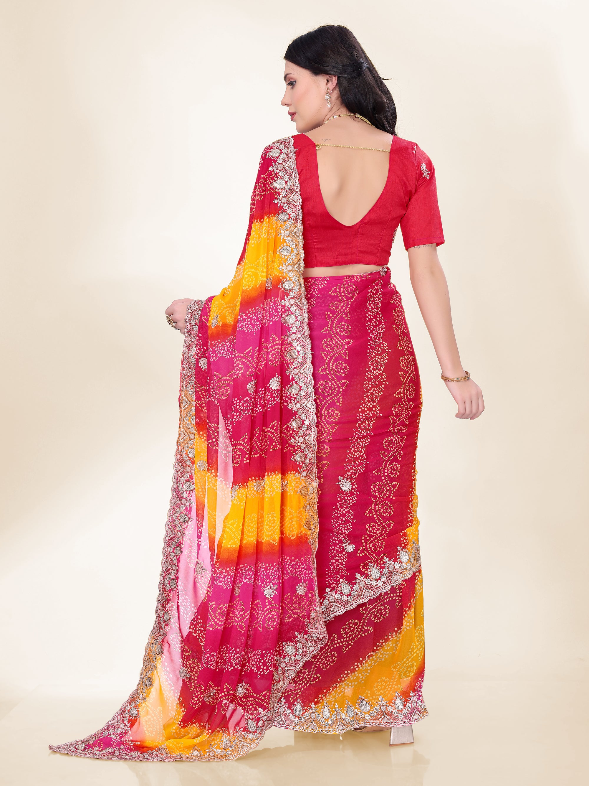 Blush Pink Georgette Saree | Bandhani Printed Embroidered Art Silk Blouse Couture