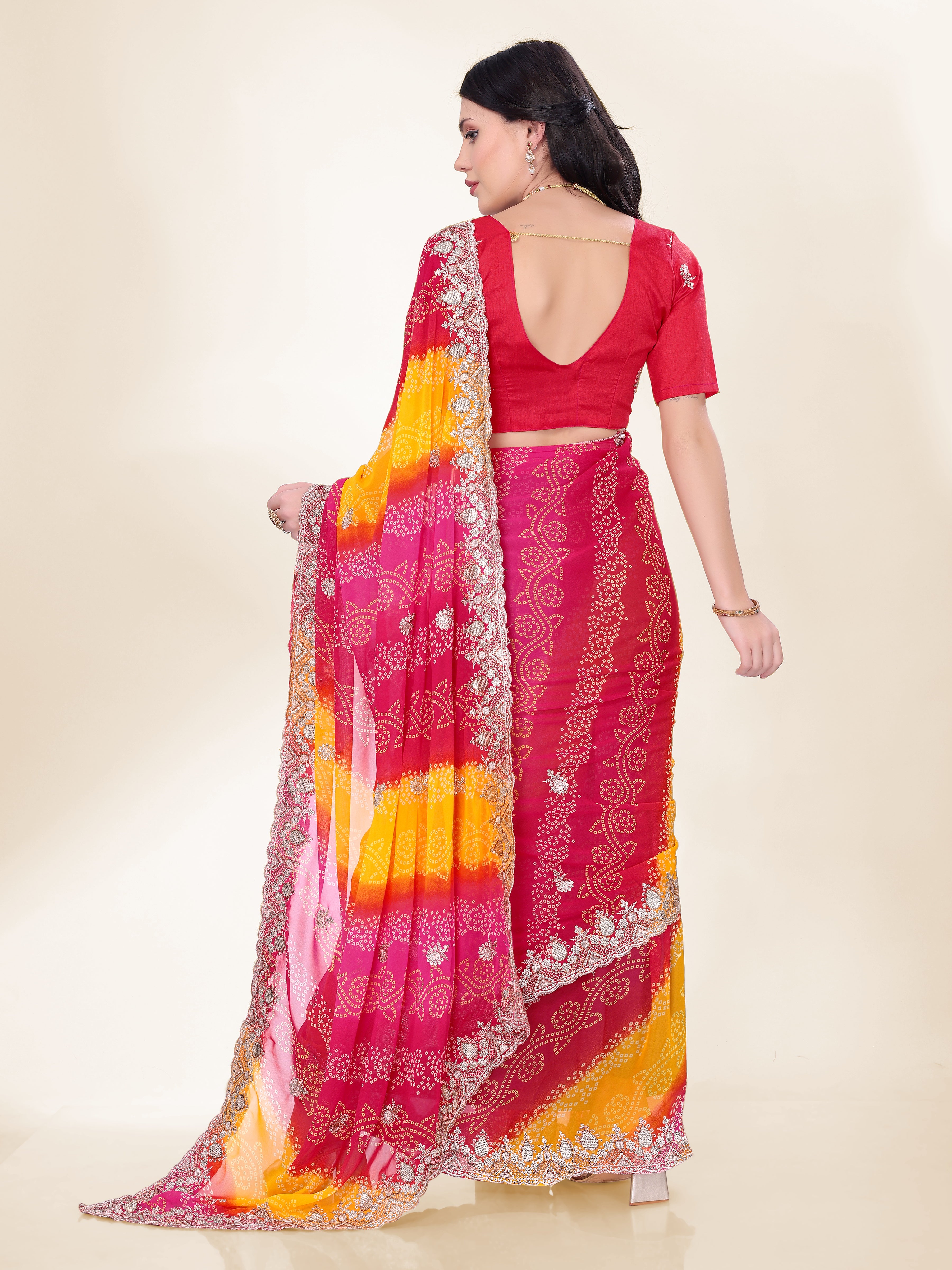 Blush Pink Georgette Saree | Bandhani Printed Embroidered Art Silk Blouse Couture