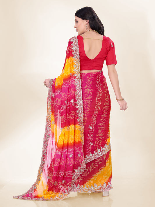 Blush Pink Georgette Saree | Bandhani Printed Embroidered Art Silk Blouse Couture
