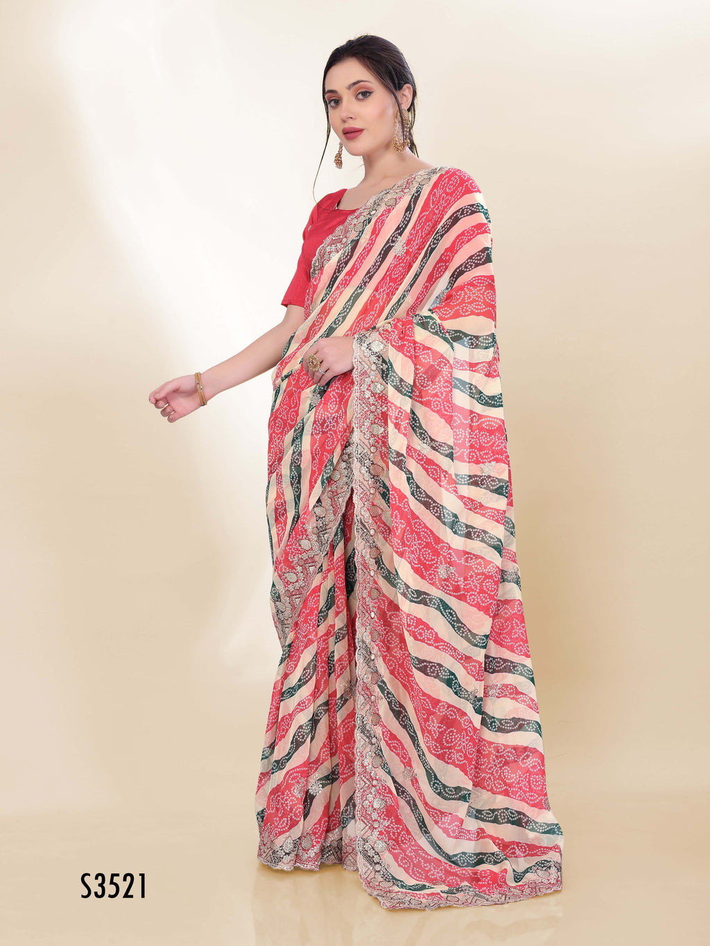 Elegant Off White Georgette Saree | Bandhani Printed Embroidered Art Silk Blouse Couture