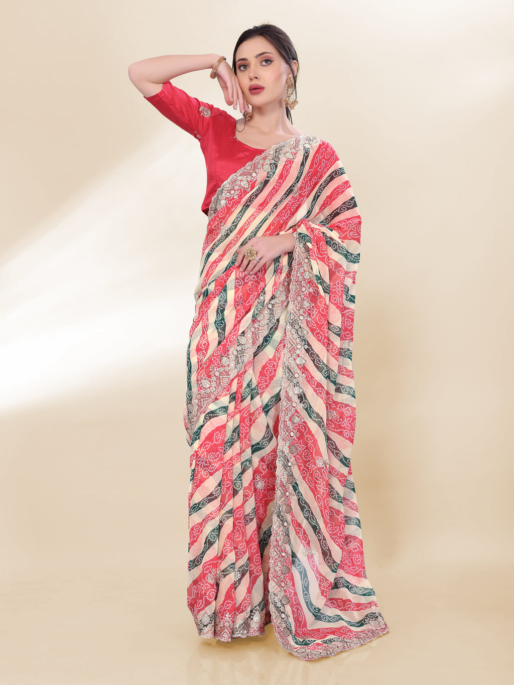 Elegant Off White Georgette Saree | Bandhani Printed Embroidered Art Silk Blouse Couture
