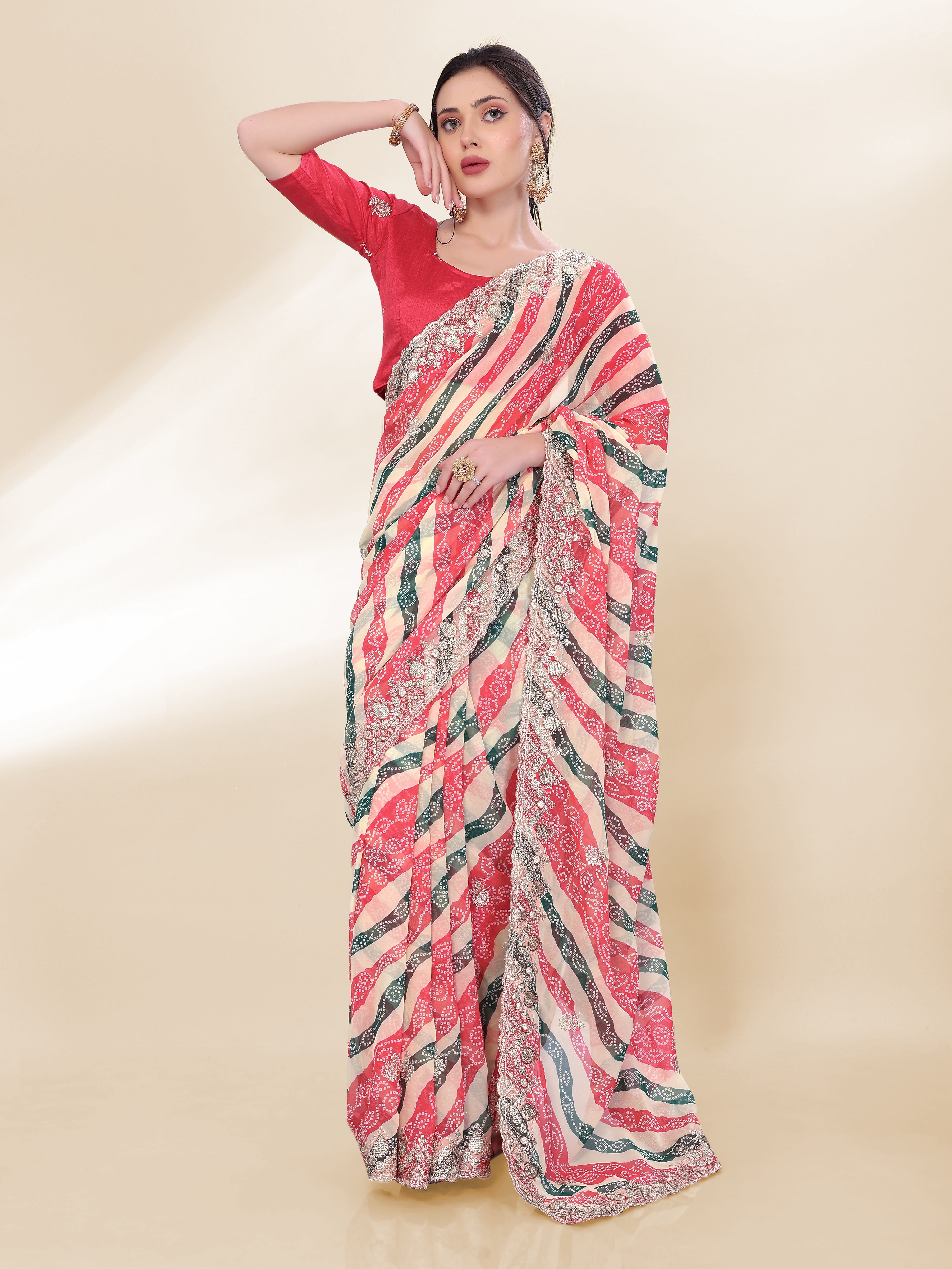 Elegant Off White Georgette Saree | Bandhani Printed Embroidered Art Silk Blouse Couture