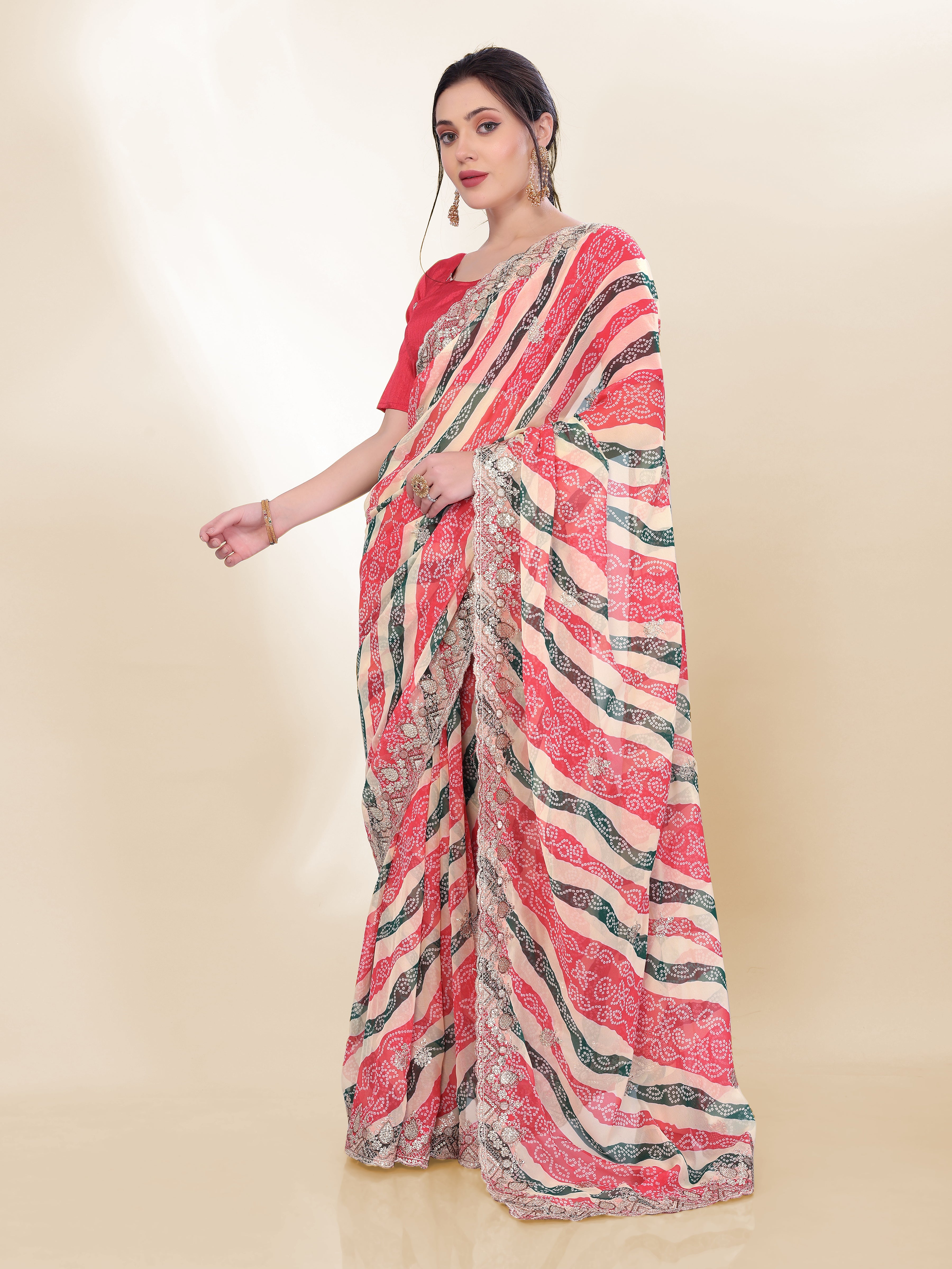Elegant Off White Georgette Saree | Bandhani Printed Embroidered Art Silk Blouse Couture