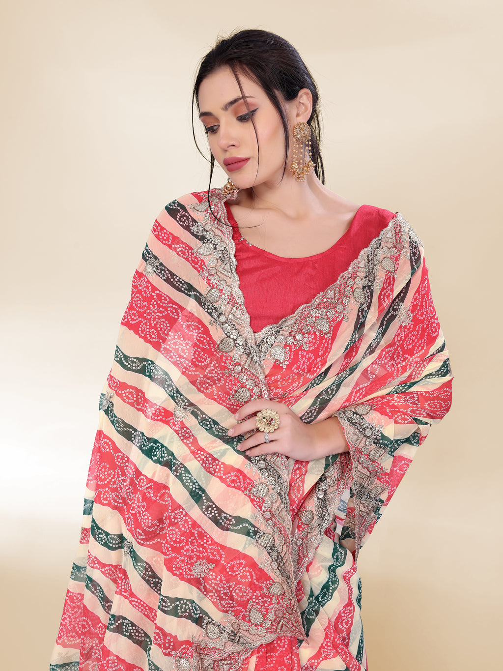 Elegant Off White Georgette Saree | Bandhani Printed Embroidered Art Silk Blouse Couture