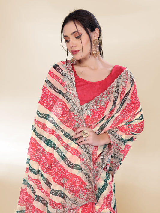 Elegant Off White Georgette Saree | Bandhani Printed Embroidered Art Silk Blouse Couture