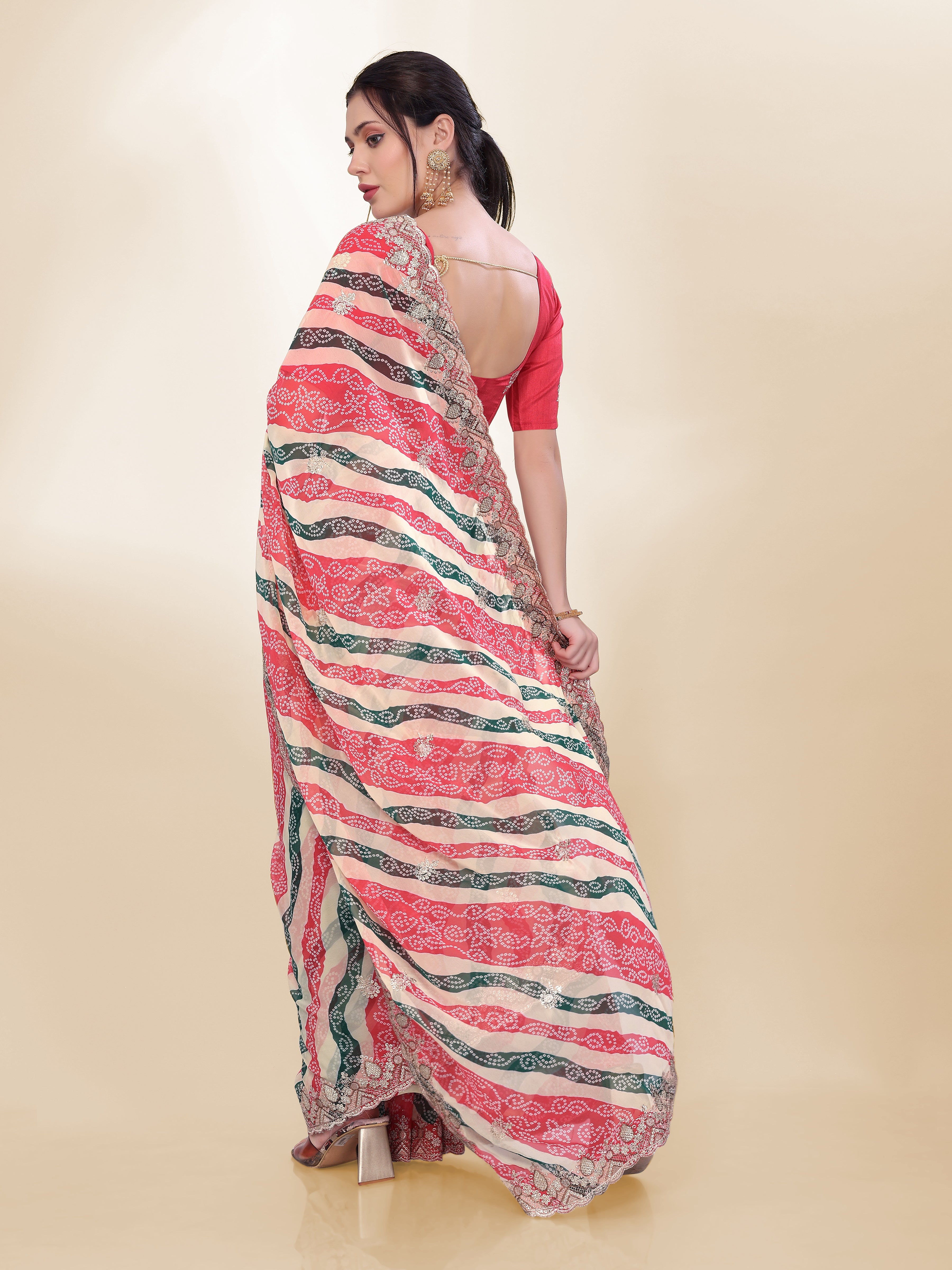 Elegant Off White Georgette Saree | Bandhani Printed Embroidered Art Silk Blouse Couture