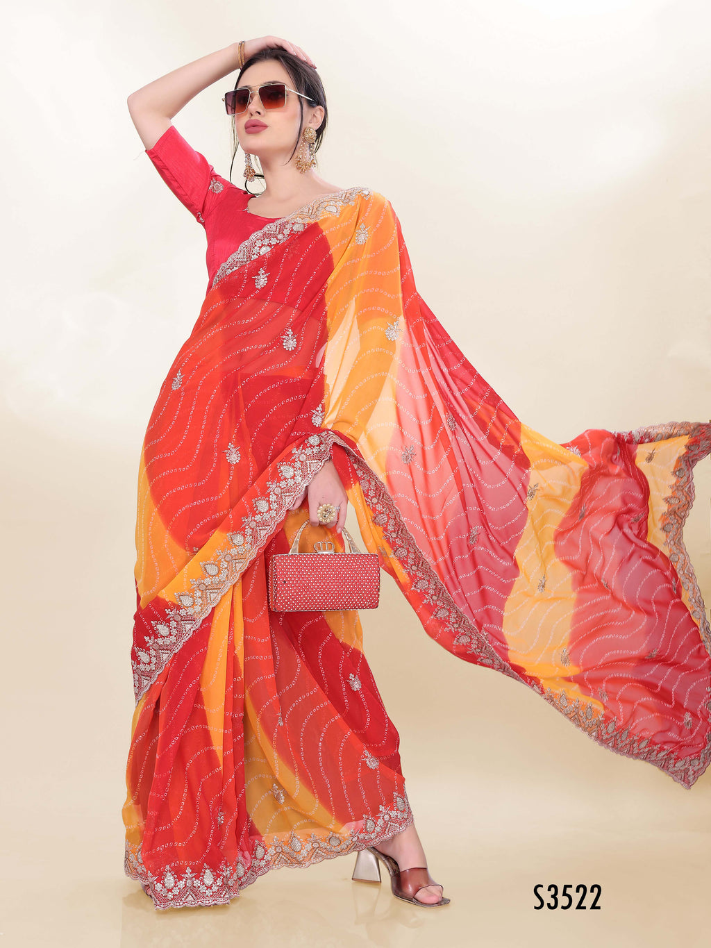 Vibrant Orange Georgette Saree | Bandhani Printed Embroidered Art Silk Blouse Couture