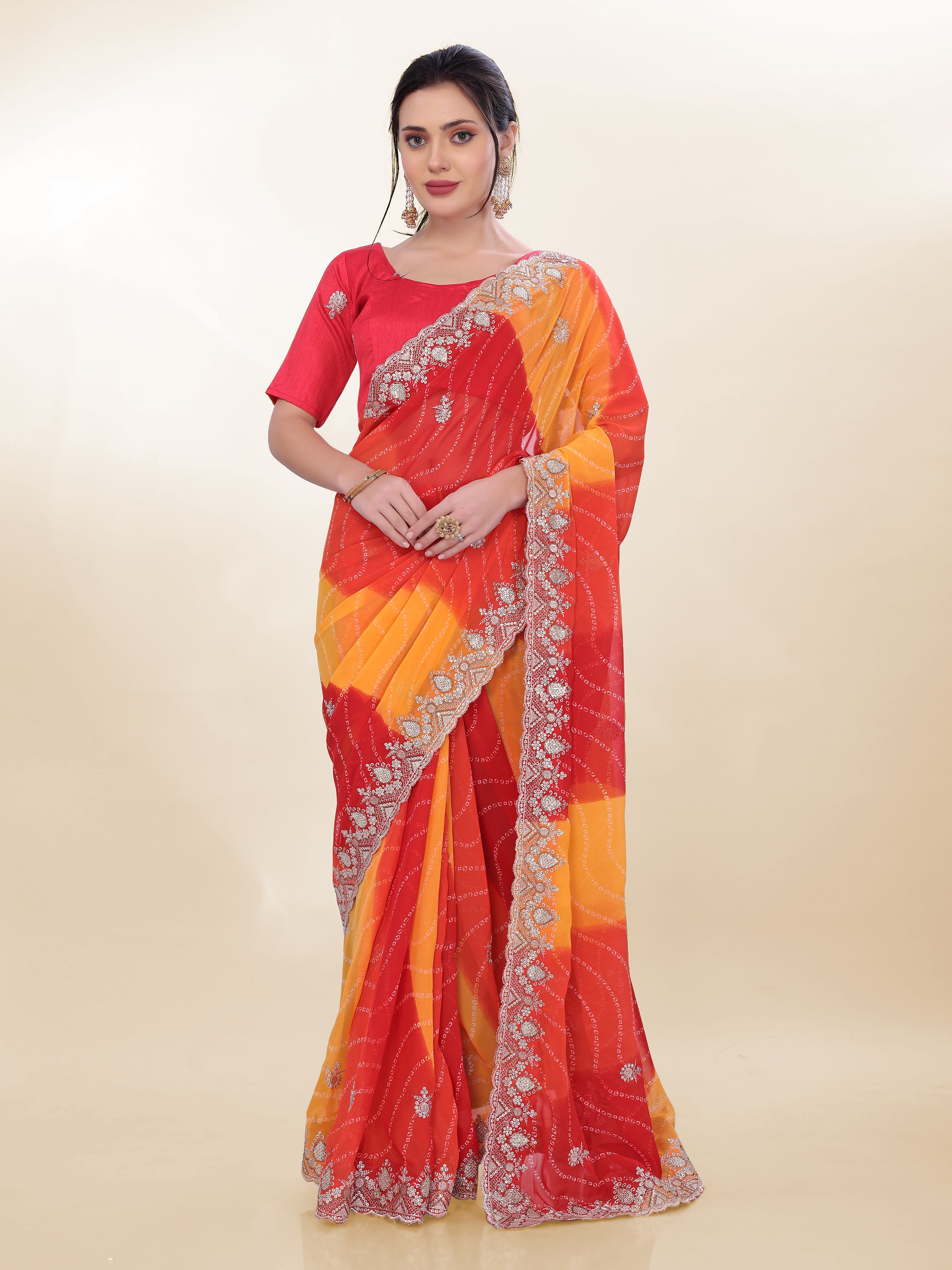 Vibrant Orange Georgette Saree | Bandhani Printed Embroidered Art Silk Blouse Couture