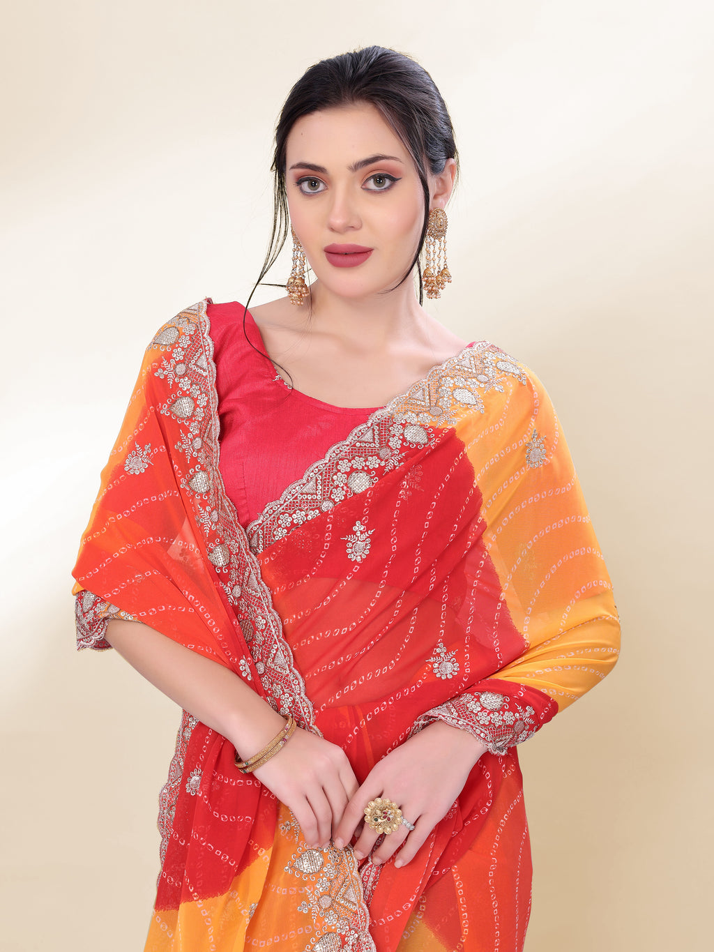 Vibrant Orange Georgette Saree | Bandhani Printed Embroidered Art Silk Blouse Couture
