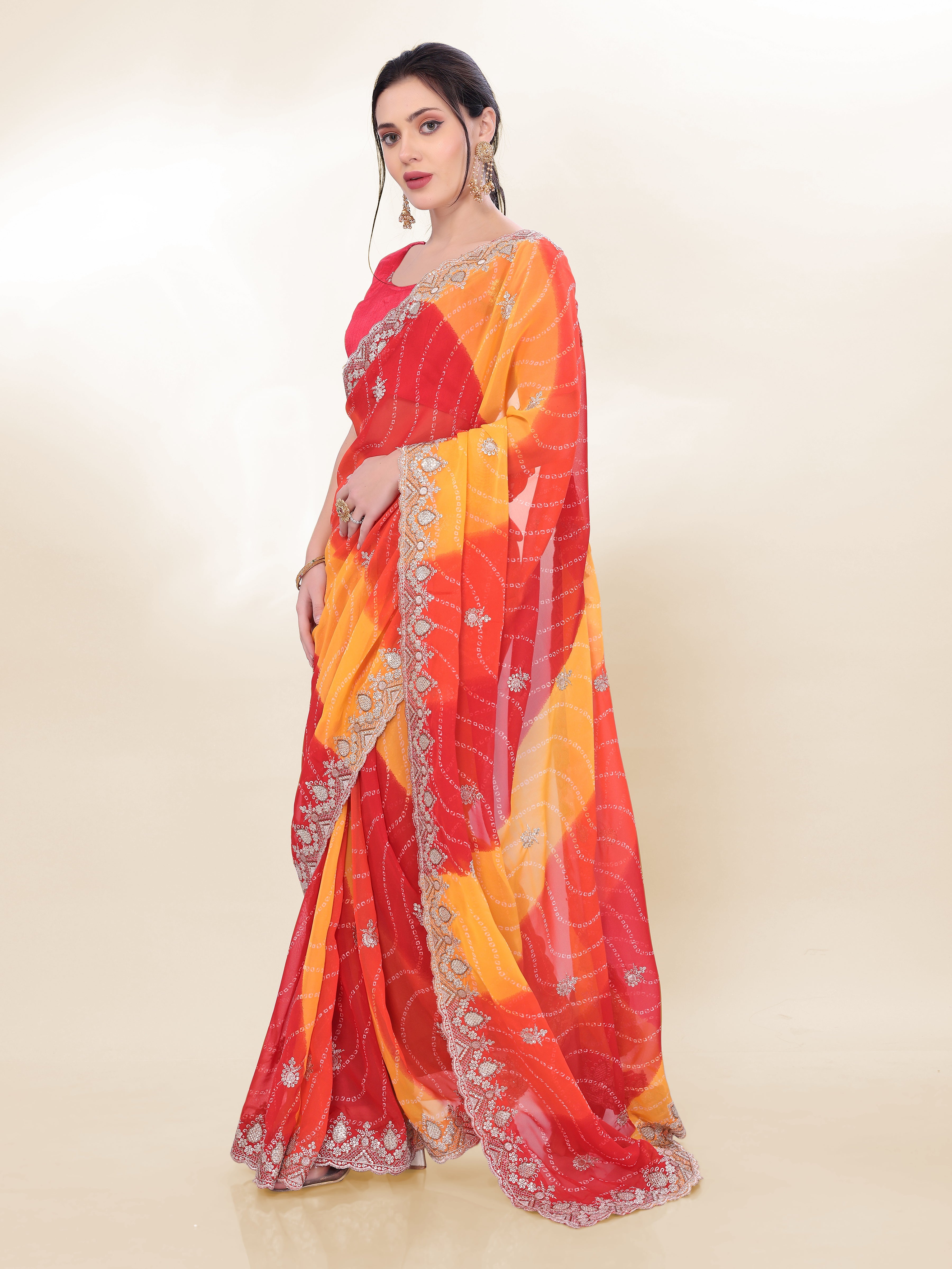 Vibrant Orange Georgette Saree | Bandhani Printed Embroidered Art Silk Blouse Couture