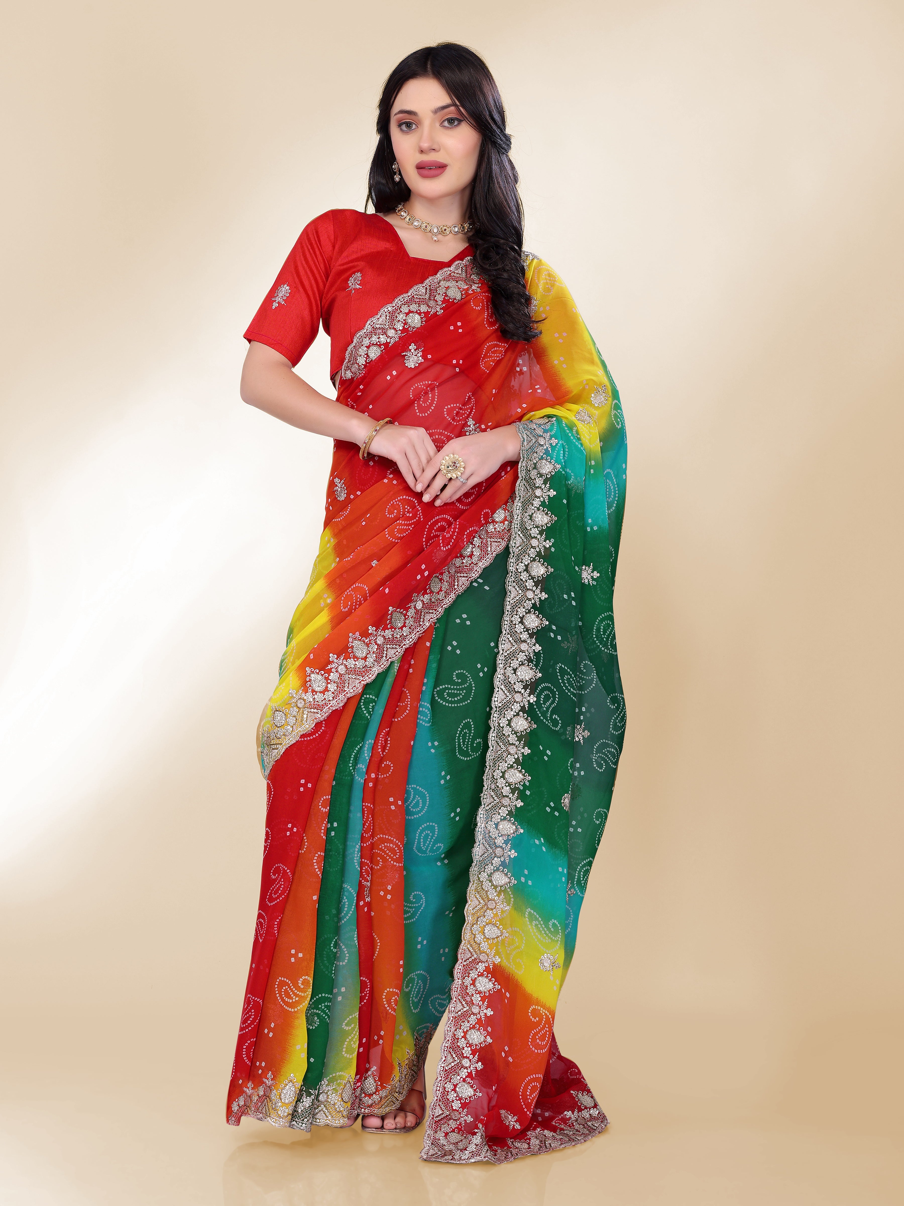 Emerald Green Georgette Saree | Bandhani Printed Embroidered Art Silk Blouse Couture