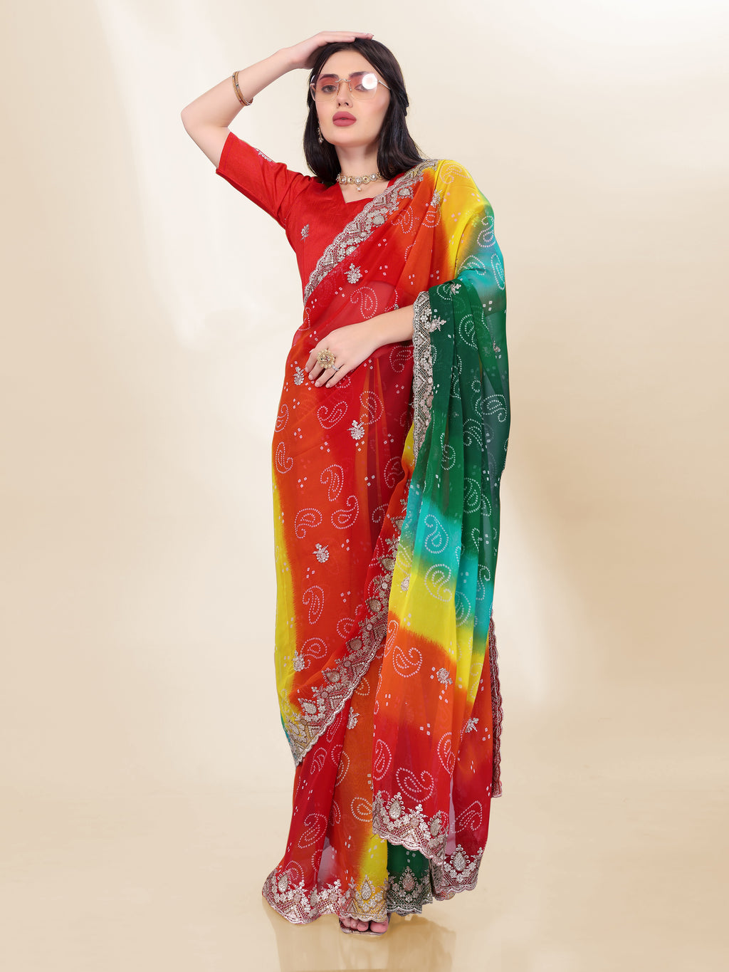 Emerald Green Georgette Saree | Bandhani Printed Embroidered Art Silk Blouse Couture