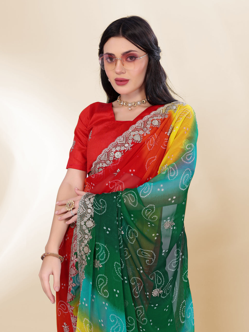 Emerald Green Georgette Saree | Bandhani Printed Embroidered Art Silk Blouse Couture