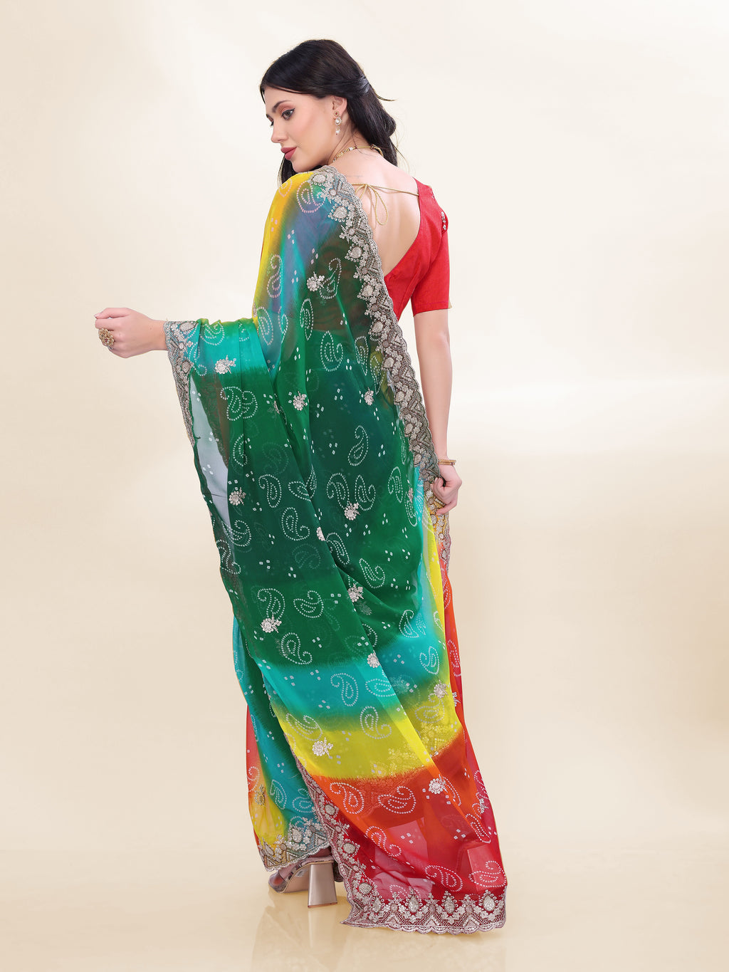 Emerald Green Georgette Saree | Bandhani Printed Embroidered Art Silk Blouse Couture