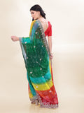 Emerald Green Georgette Saree | Bandhani Printed Embroidered Art Silk Blouse Couture