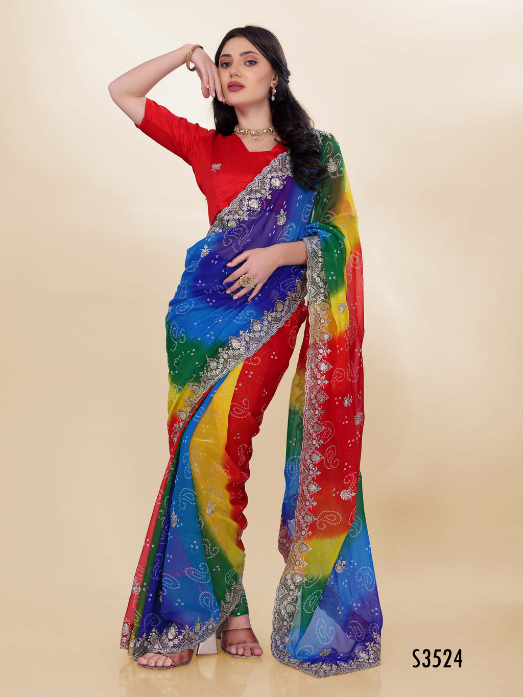 Royal Blue Georgette Saree | Bandhani Printed Embroidered Art Silk Blouse Couture