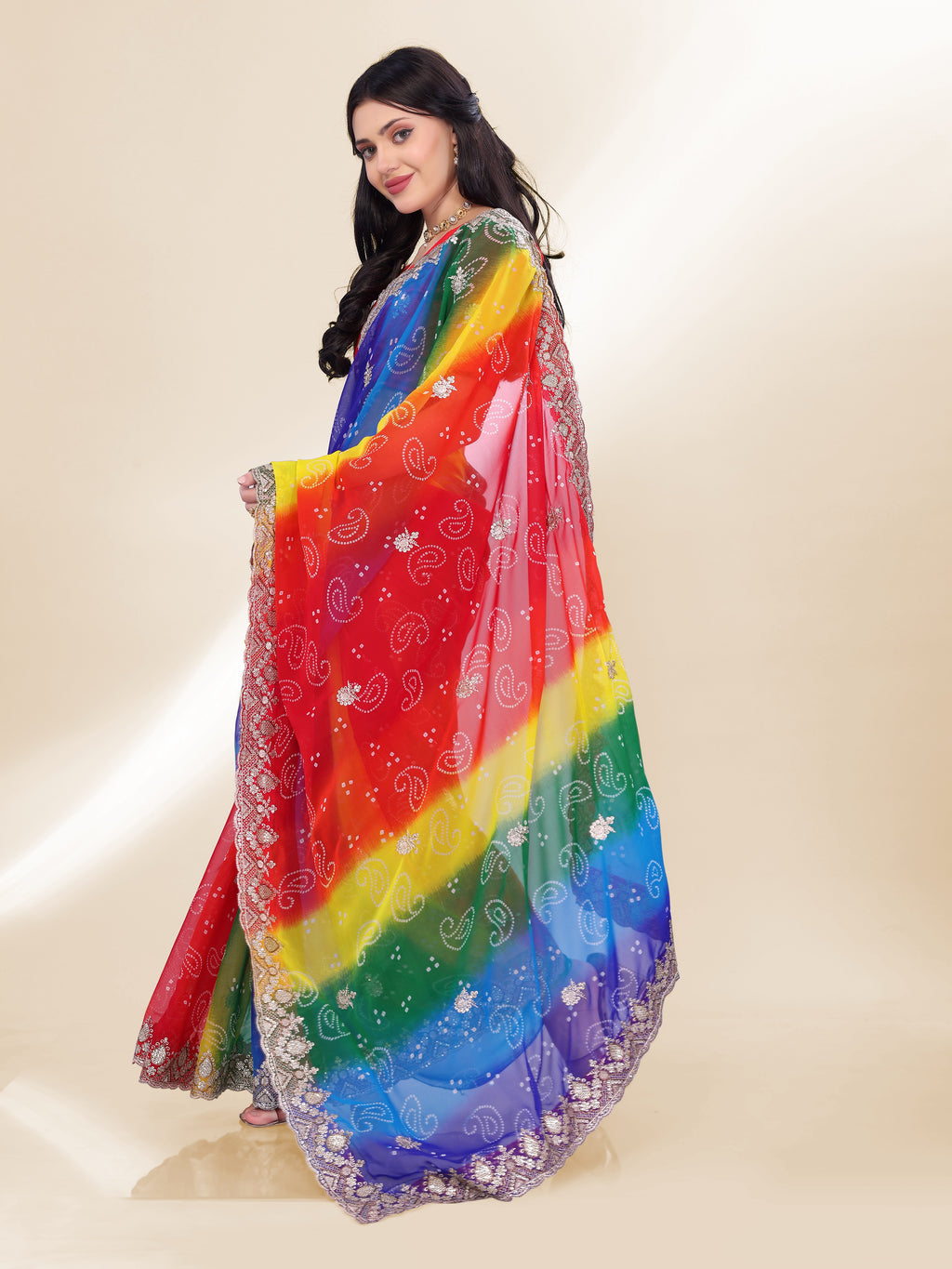 Royal Blue Georgette Saree | Bandhani Printed Embroidered Art Silk Blouse Couture