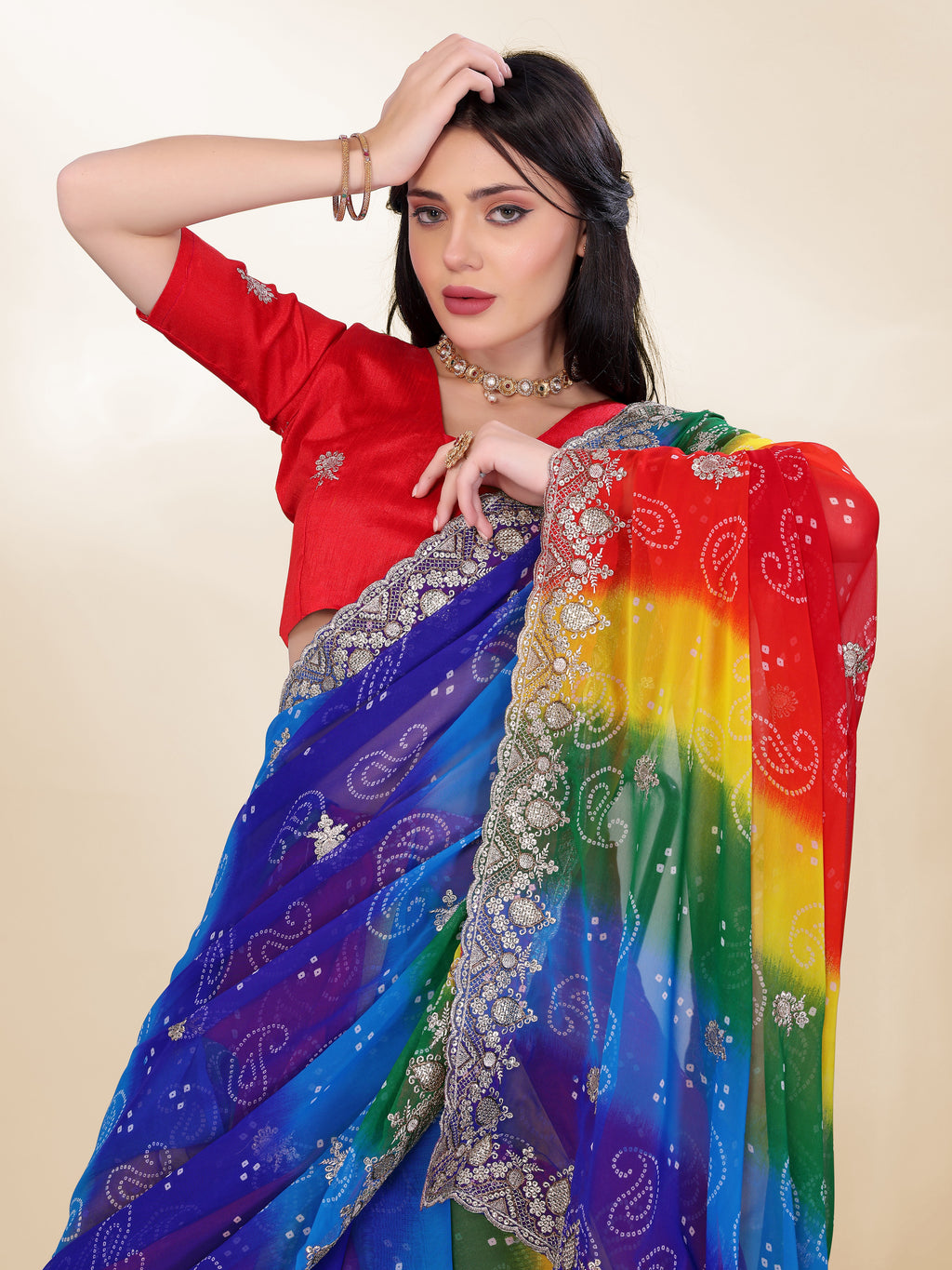 Royal Blue Georgette Saree | Bandhani Printed Embroidered Art Silk Blouse Couture