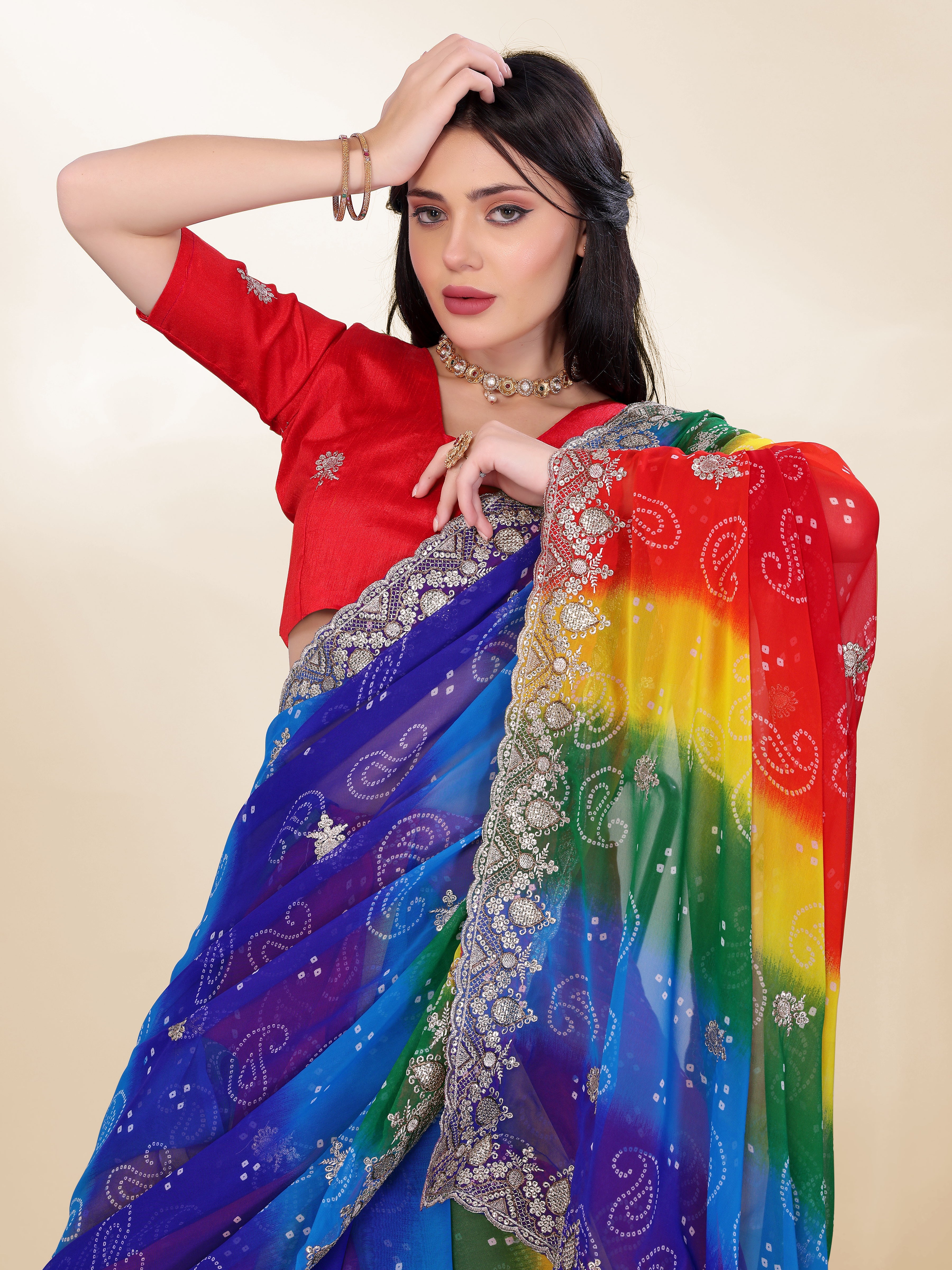 Royal Blue Georgette Saree | Bandhani Printed Embroidered Art Silk Blouse Couture