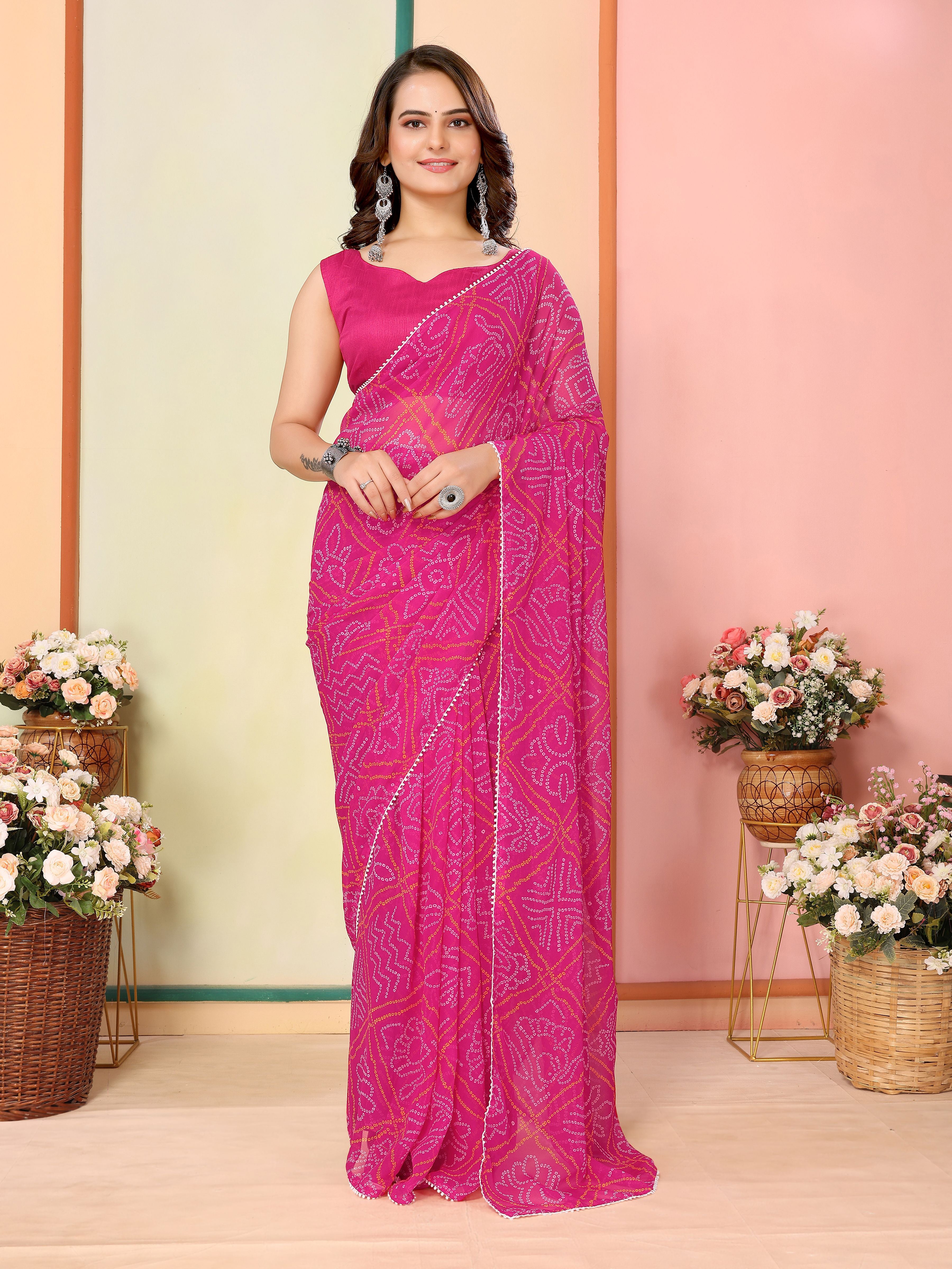 Pink Georgette Ready To Wear Saree | Designer Printed Art Silk Couture