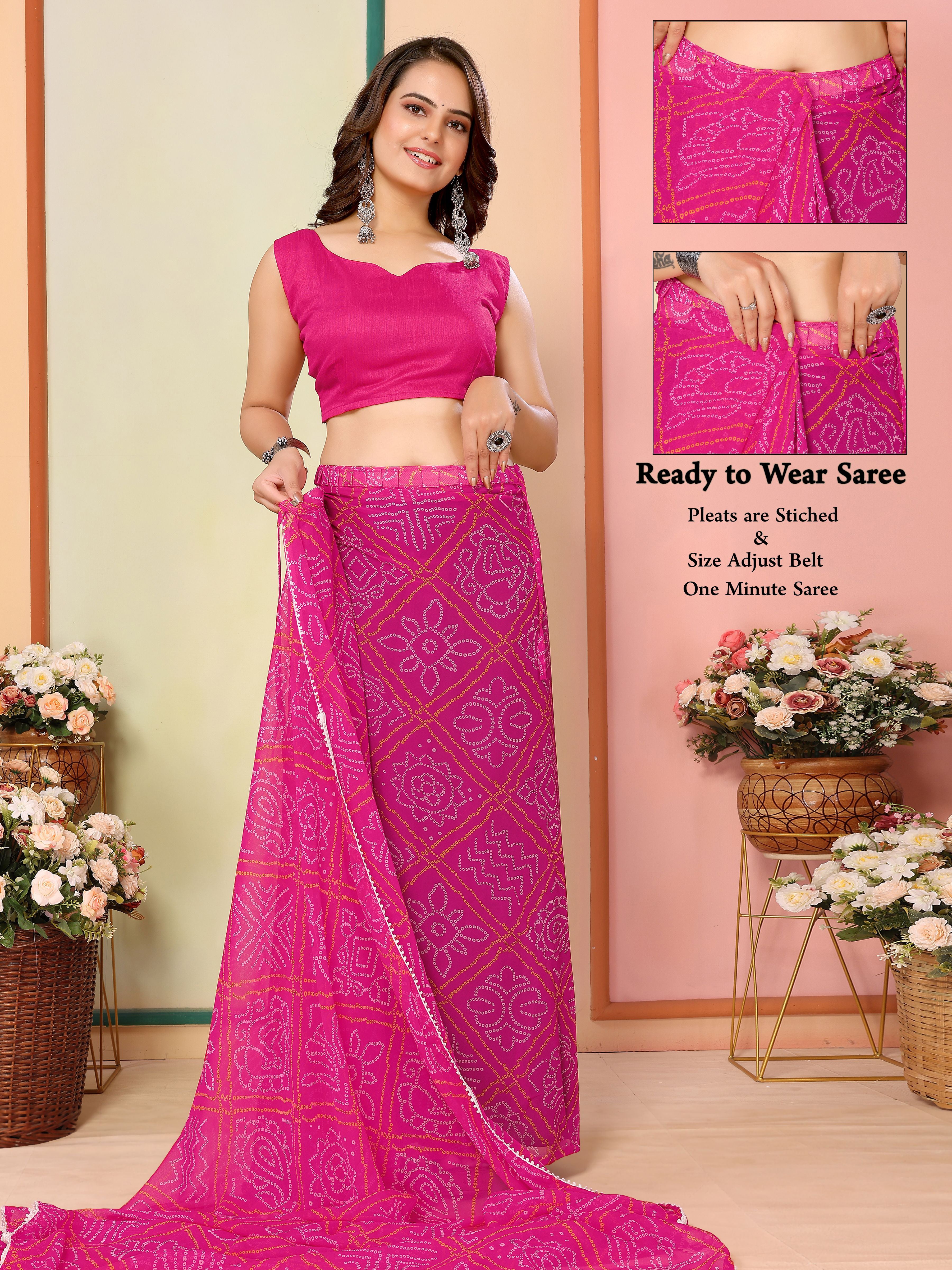 Pink Georgette Ready To Wear Saree | Designer Printed Art Silk Couture