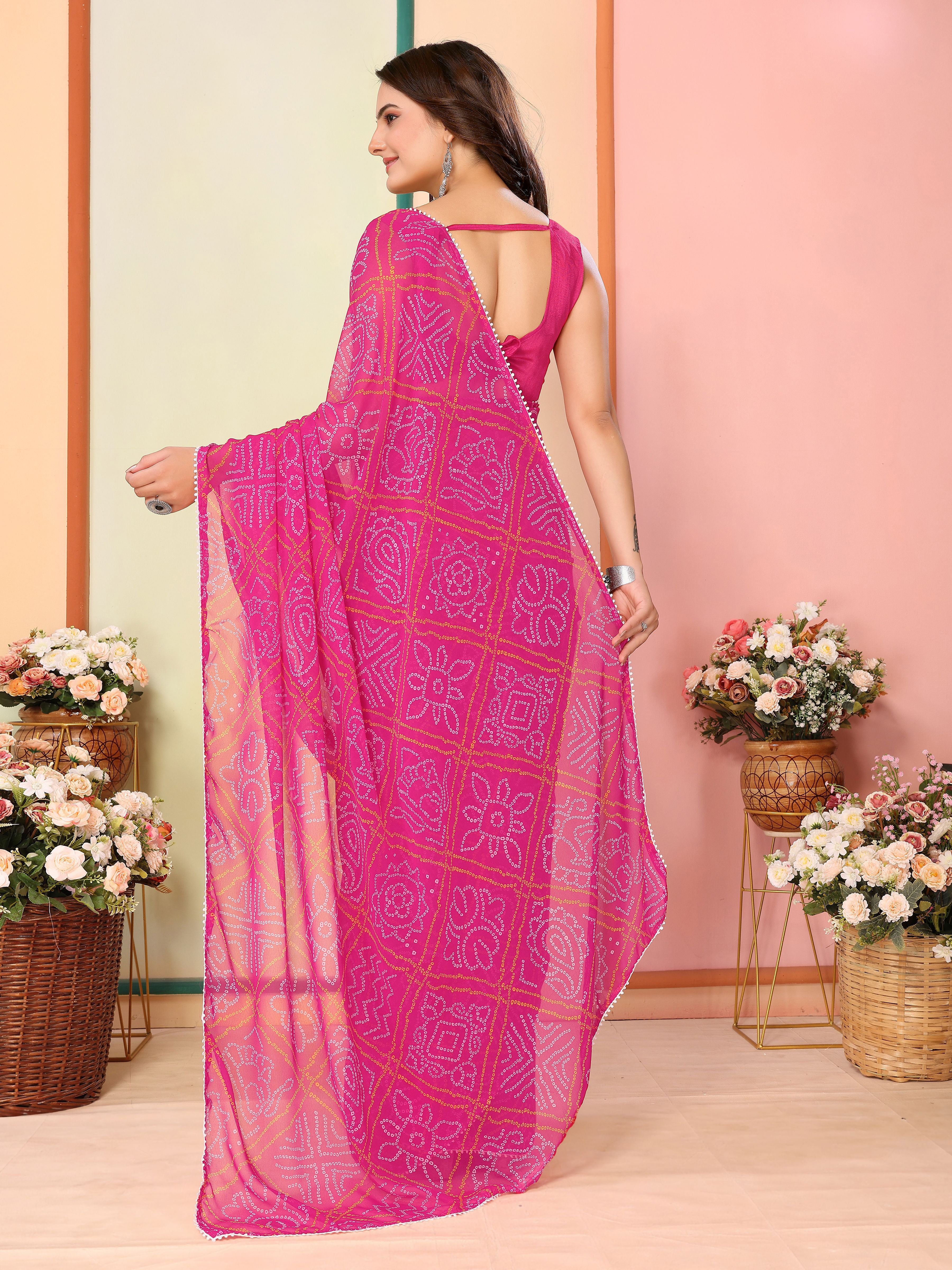 Pink Georgette Ready To Wear Saree | Designer Printed Art Silk Couture