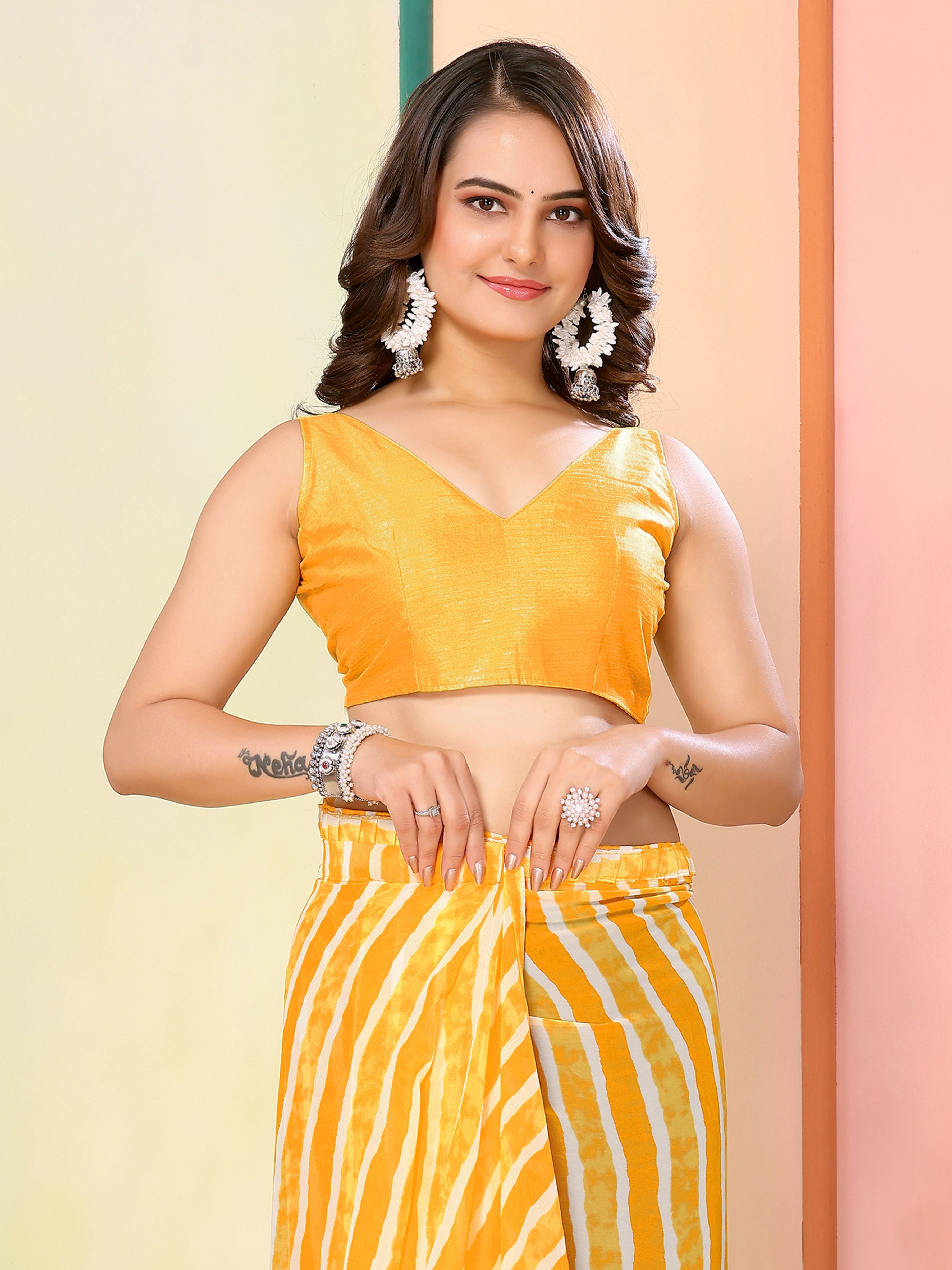 Yellow Georgette Ready To Wear Saree | Designer Printed Art Silk Couture