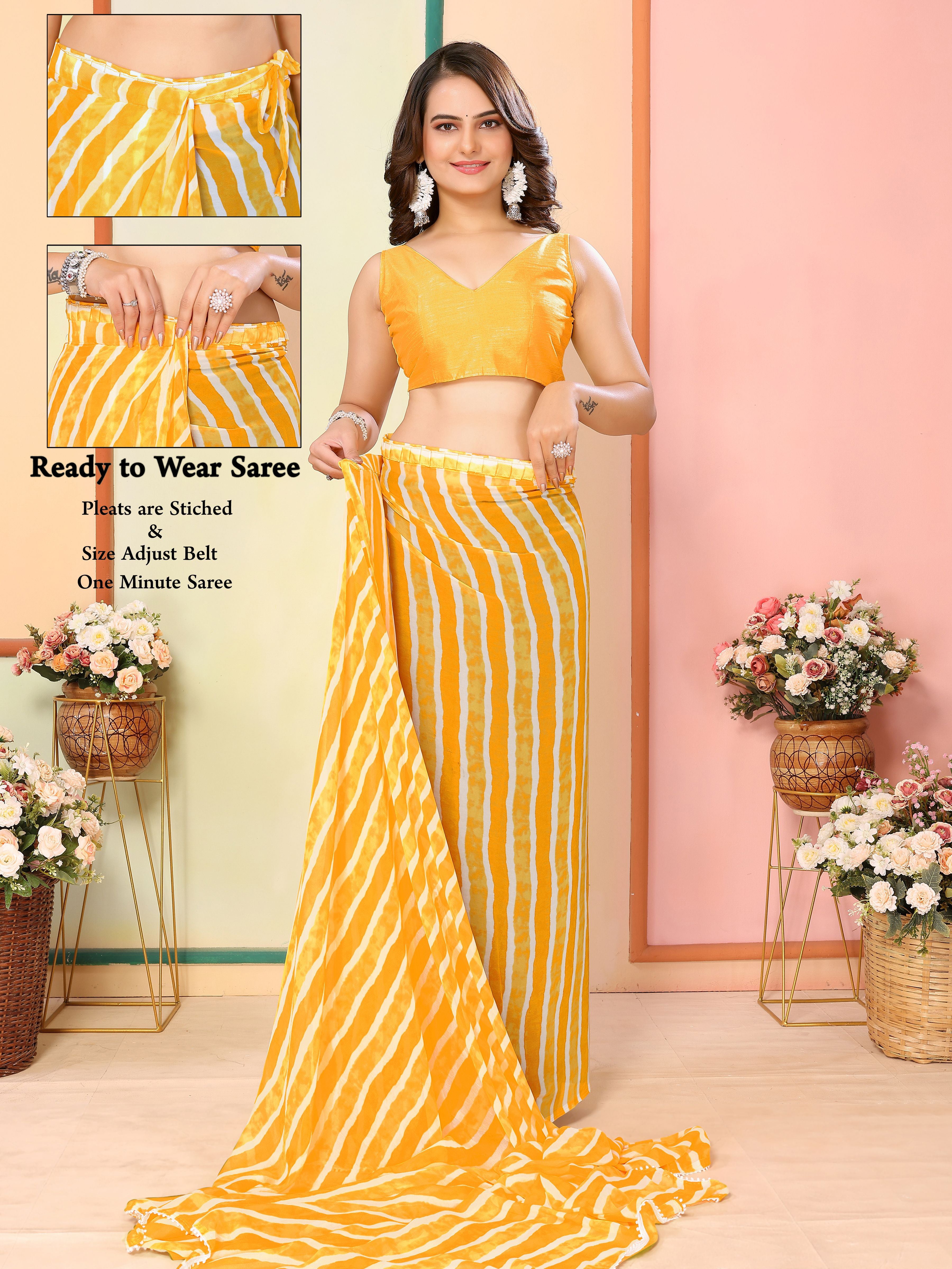 Yellow Georgette Ready To Wear Saree | Designer Printed Art Silk Couture
