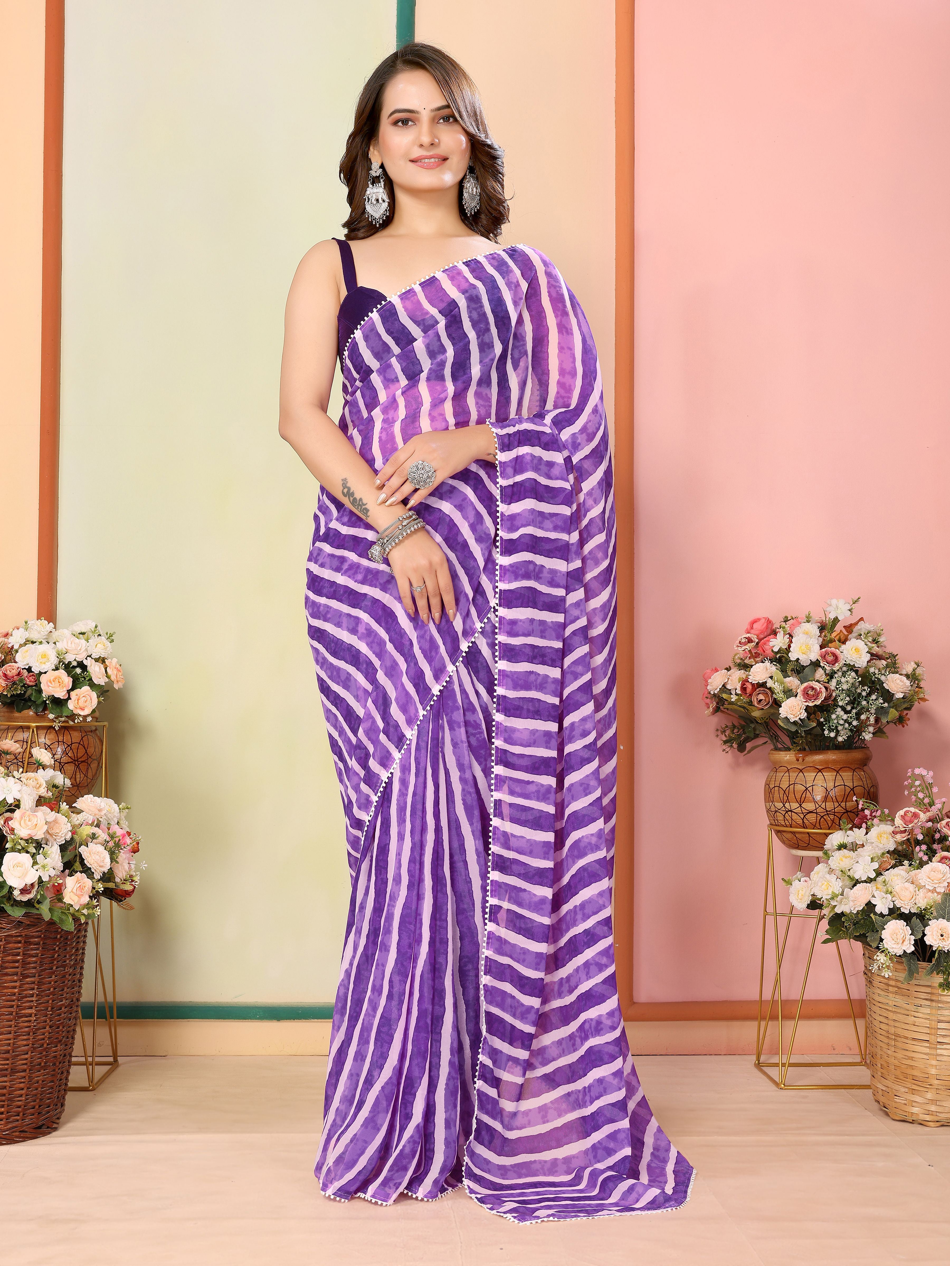 Purple Georgette Ready To Wear Saree | Designer Printed Art Silk Couture