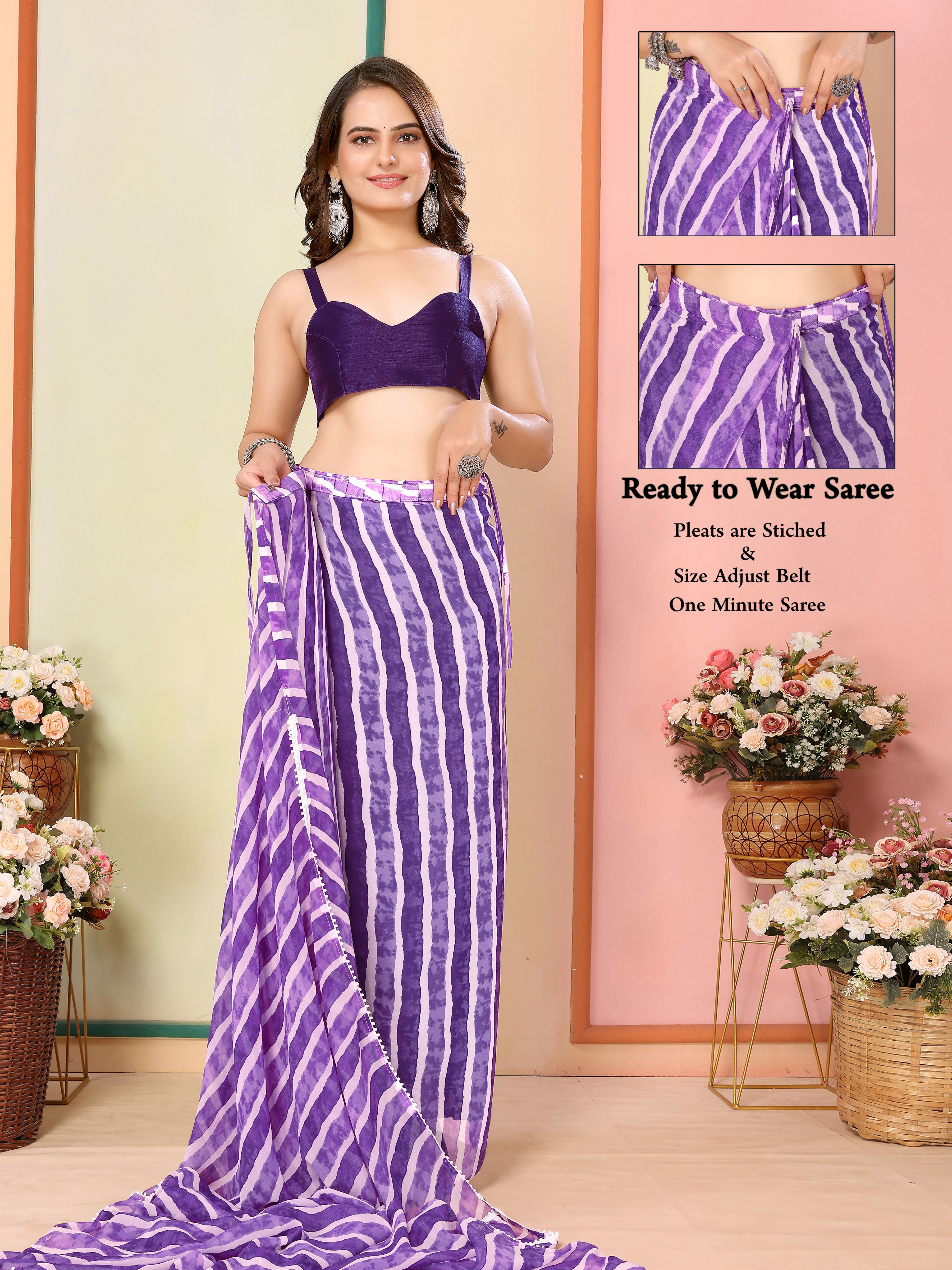 Purple Georgette Ready To Wear Saree | Designer Printed Art Silk Couture