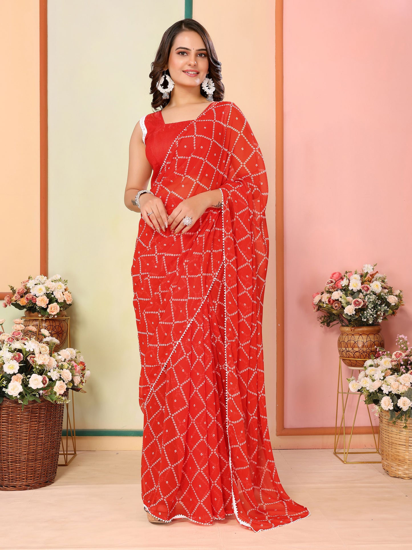 Red Georgette Ready To Wear Saree | Designer Printed Art Silk Couture