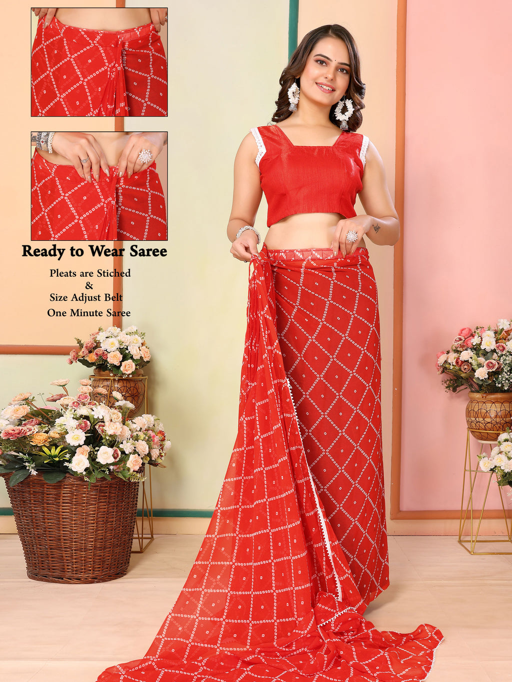 Red Georgette Ready To Wear Saree | Designer Printed Art Silk Couture