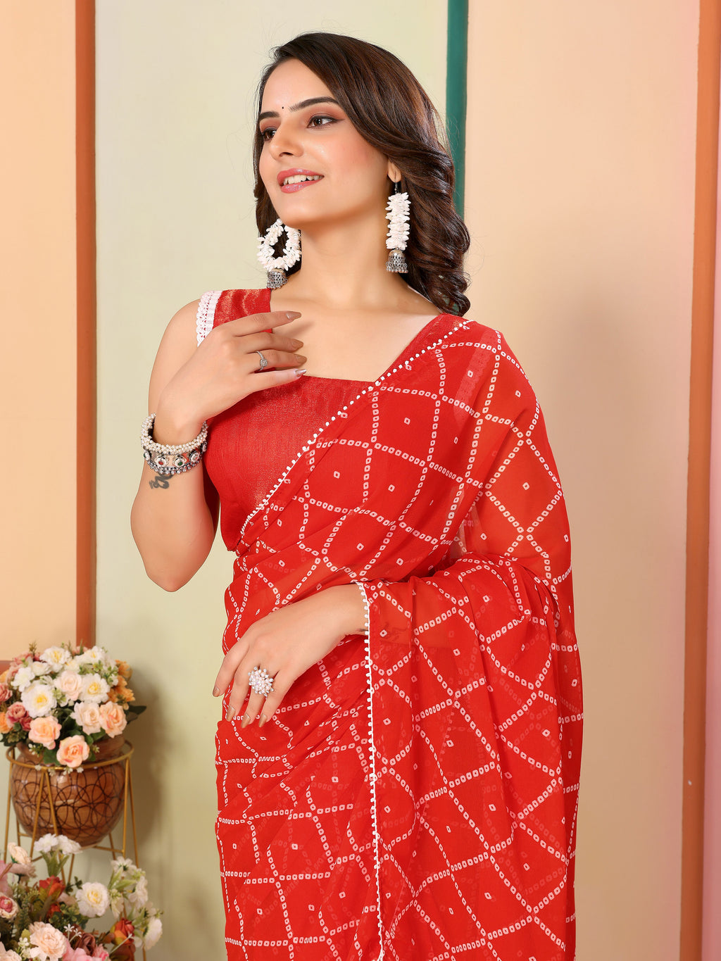 Red Georgette Ready To Wear Saree | Designer Printed Art Silk Couture