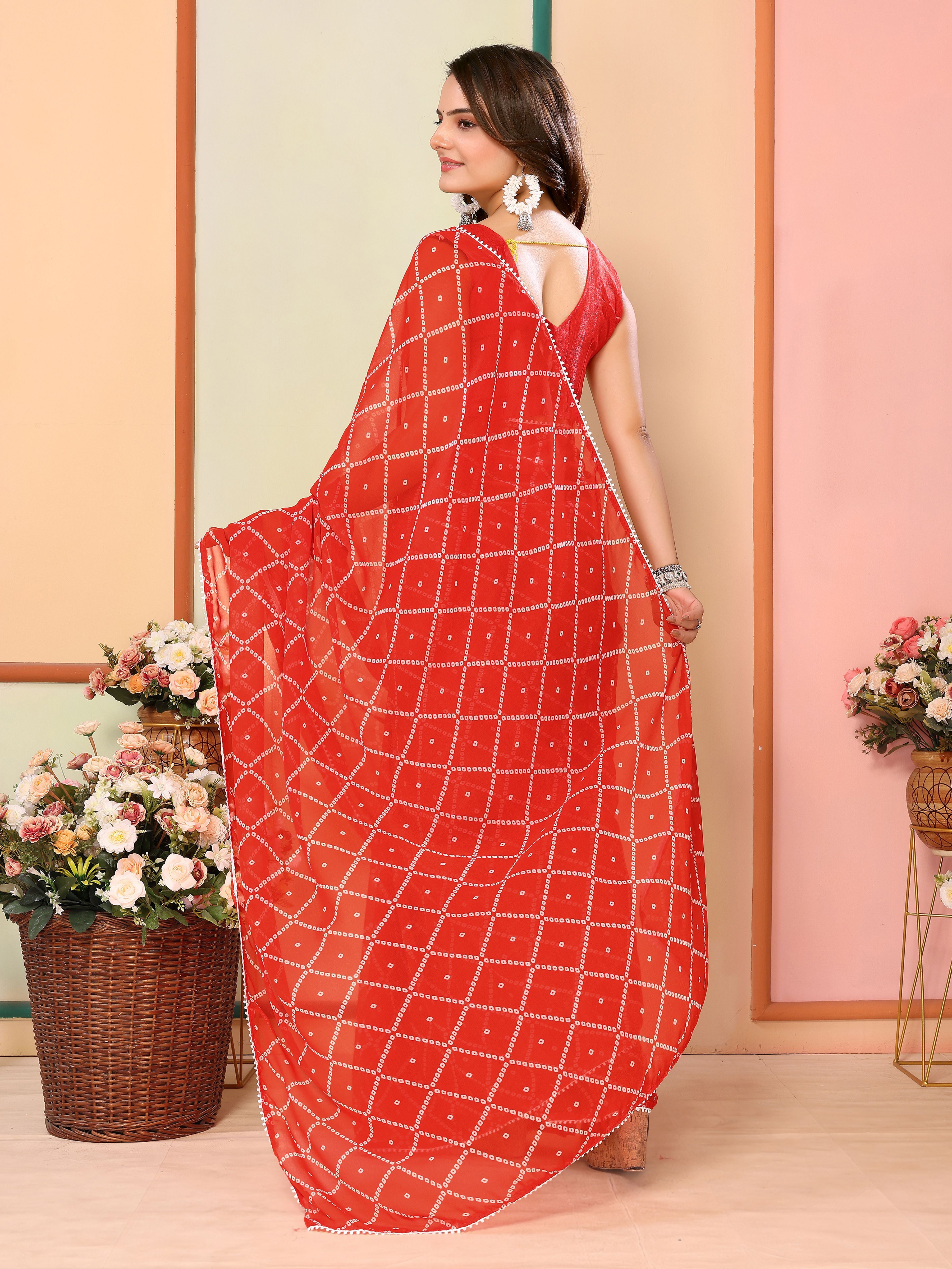 Red Georgette Ready To Wear Saree | Designer Printed Art Silk Couture