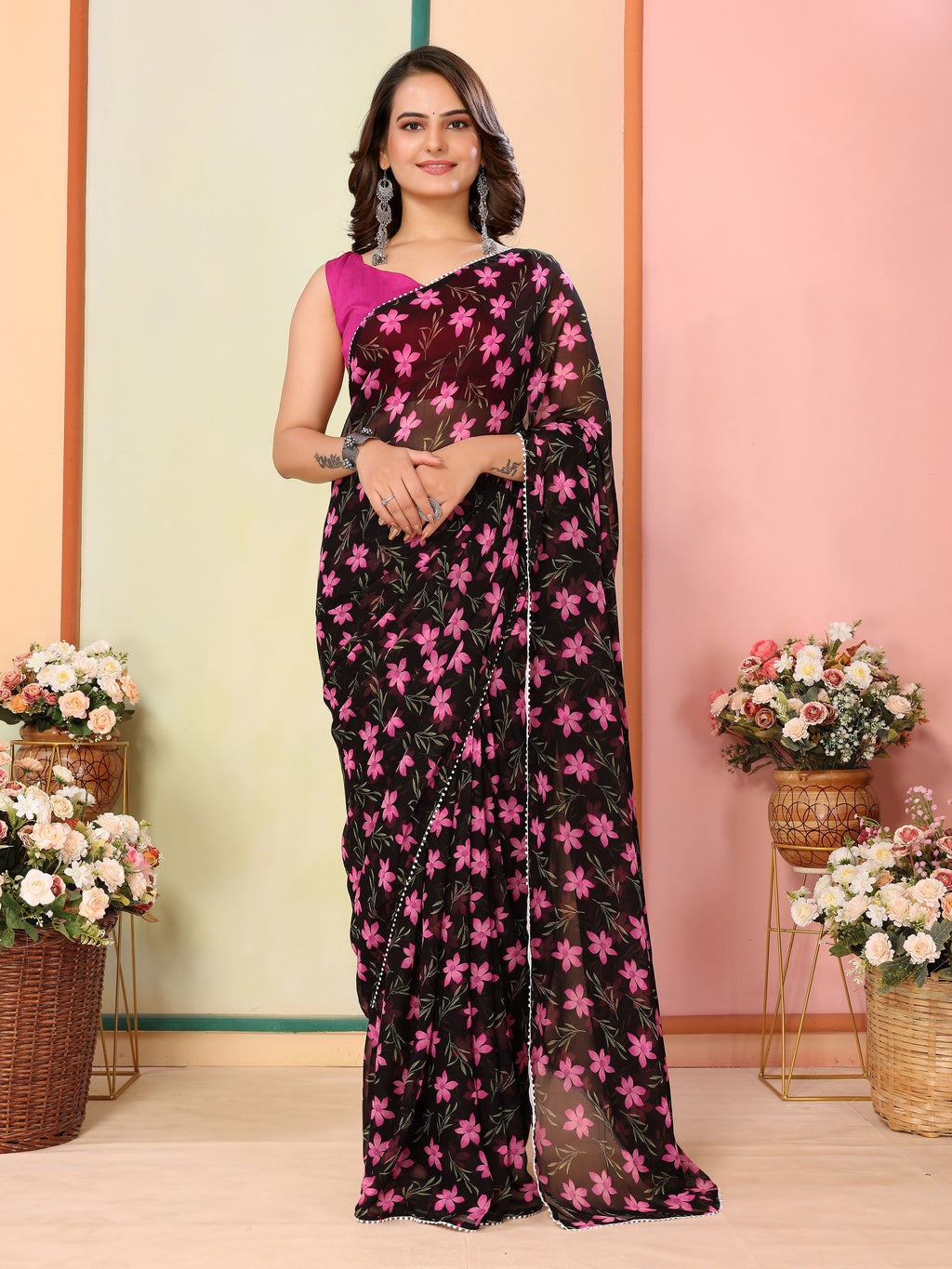 Black Georgette Ready To Wear Saree with Pink Blouse | Designer Printed Art Silk Couture